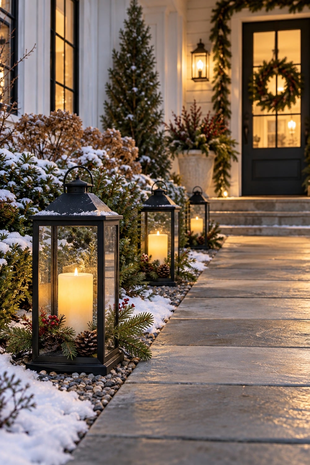Three black lanterns with flameless pillar candles beside a clear stone walkway.