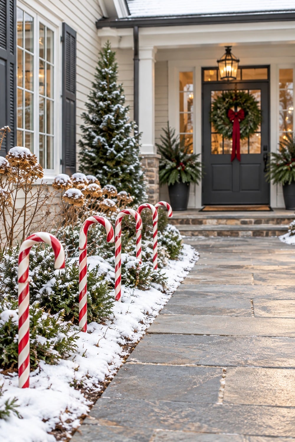 Five red-and-white candy cane stakes lining one side of a clear stone garden path.