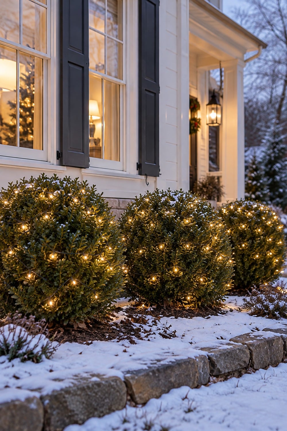 Warm white Christmas net lights glowing across three rounded evergreen shrubs.