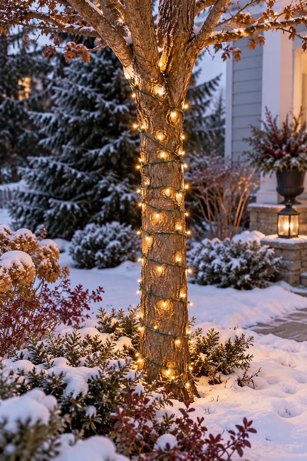 Warm white lights wrapped around the lower trunk of a small garden tree.