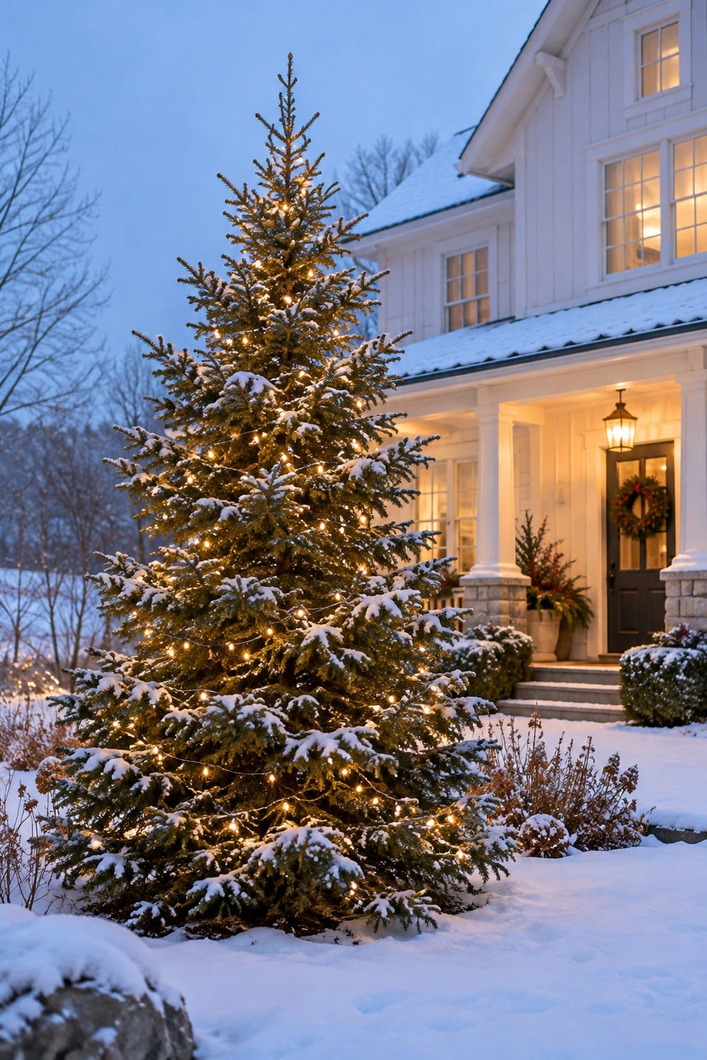 An outdoor spruce decorated with warm white lights in a snowy front garden.