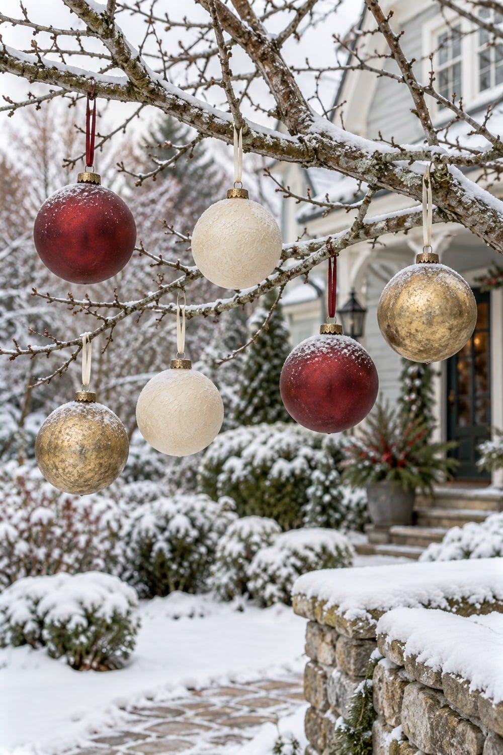 Six muted red, ivory and antique gold ornaments hanging from snow-dusted garden branches.