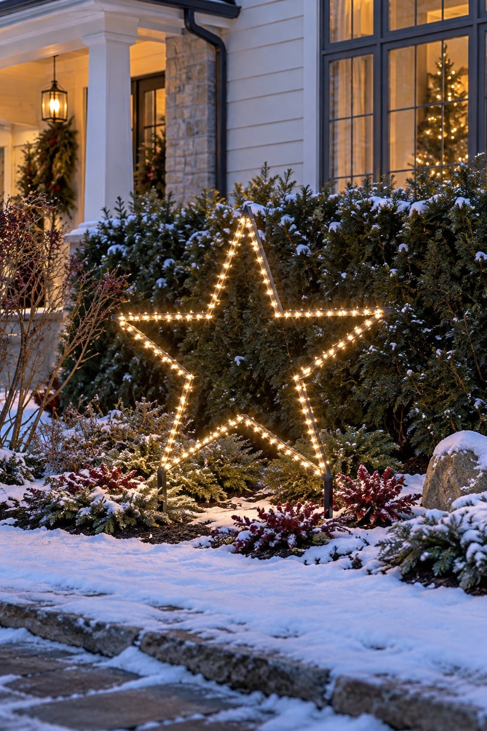 A freestanding warm white lighted star in front of a dark evergreen hedge.