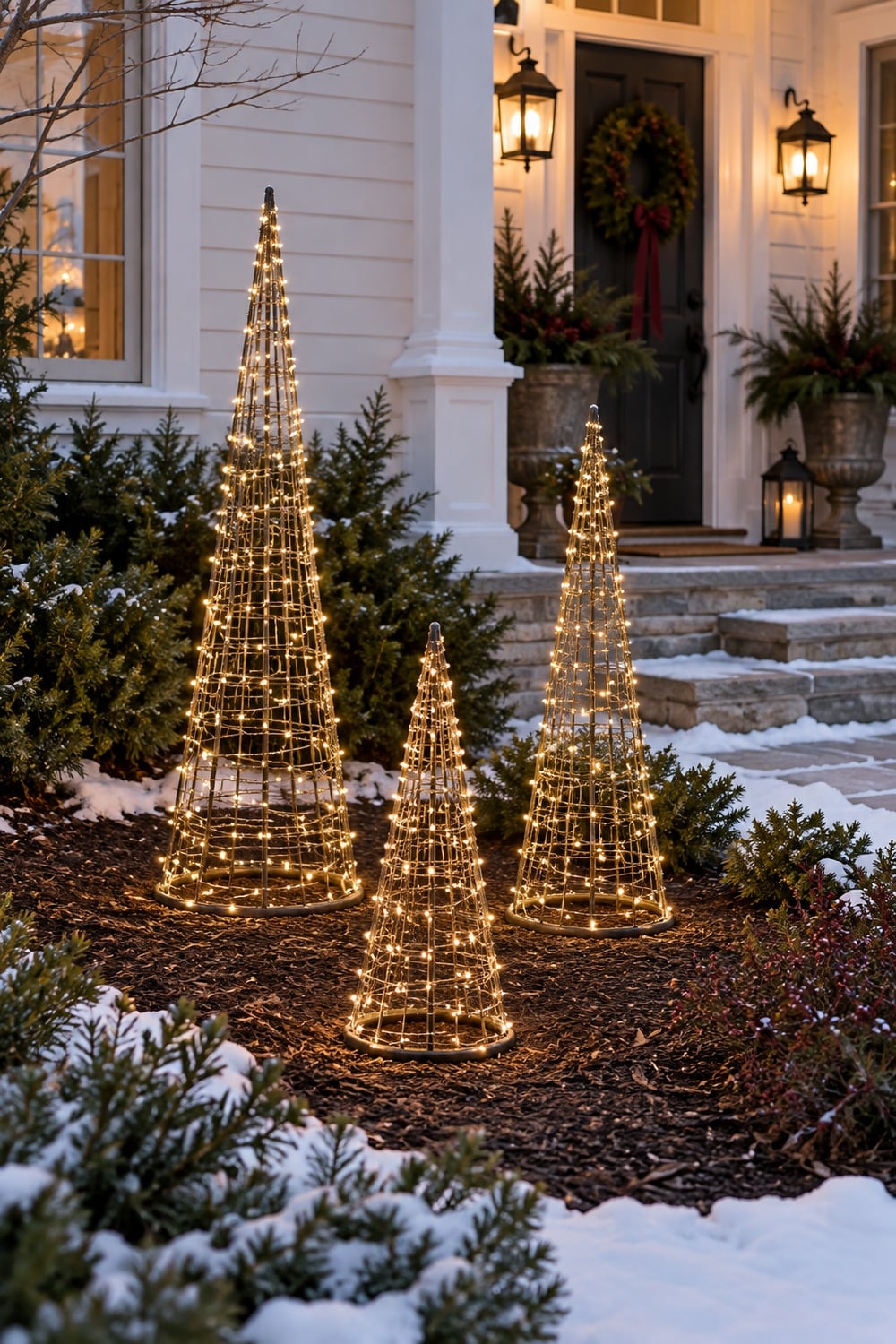 Three warm white lighted cone trees at different heights in a mulched garden bed.