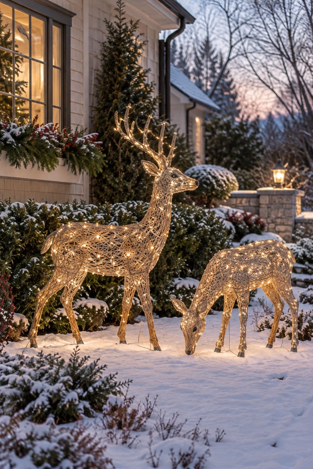 Two illuminated woven reindeer, one standing and one grazing, in a snowy front garden.