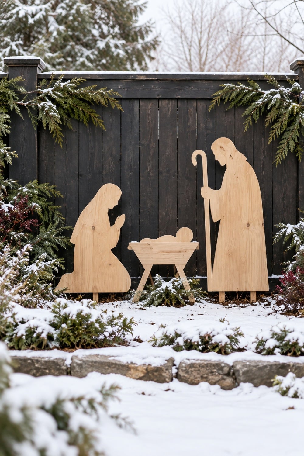 Wooden nativity silhouettes of Mary, Joseph and baby Jesus against a dark garden fence.