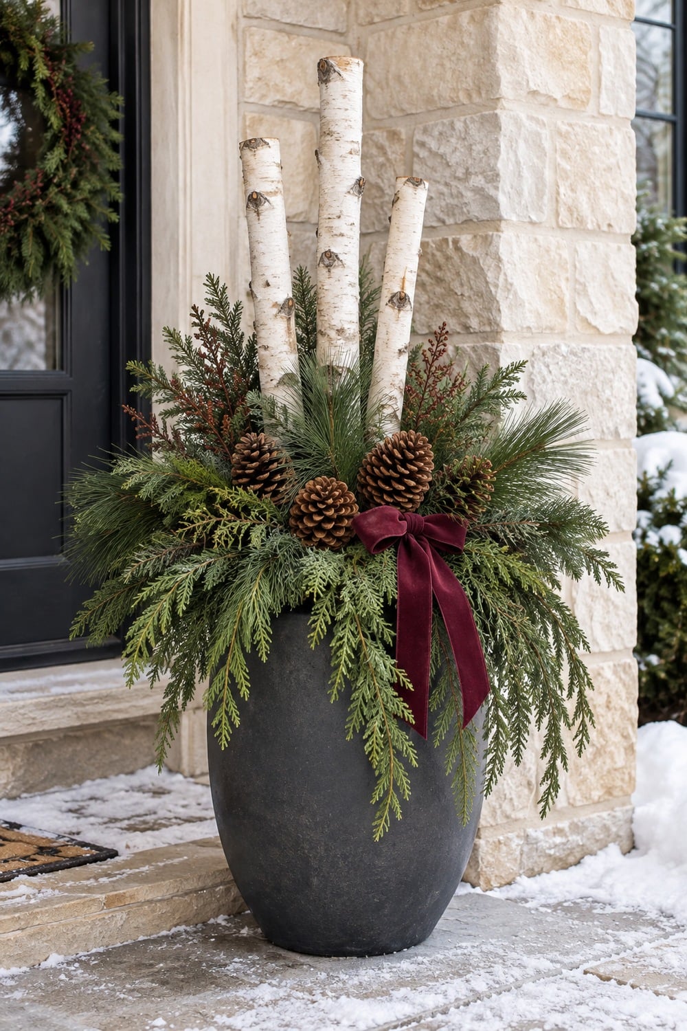 Charcoal Christmas planter with three birch stems, pinecones, cedar and a burgundy bow.