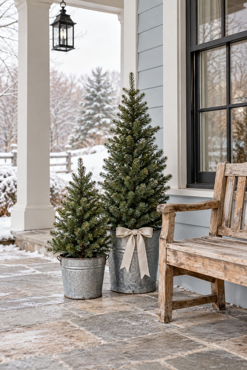 Two mini evergreen trees in galvanized containers beside a weathered wooden bench.
