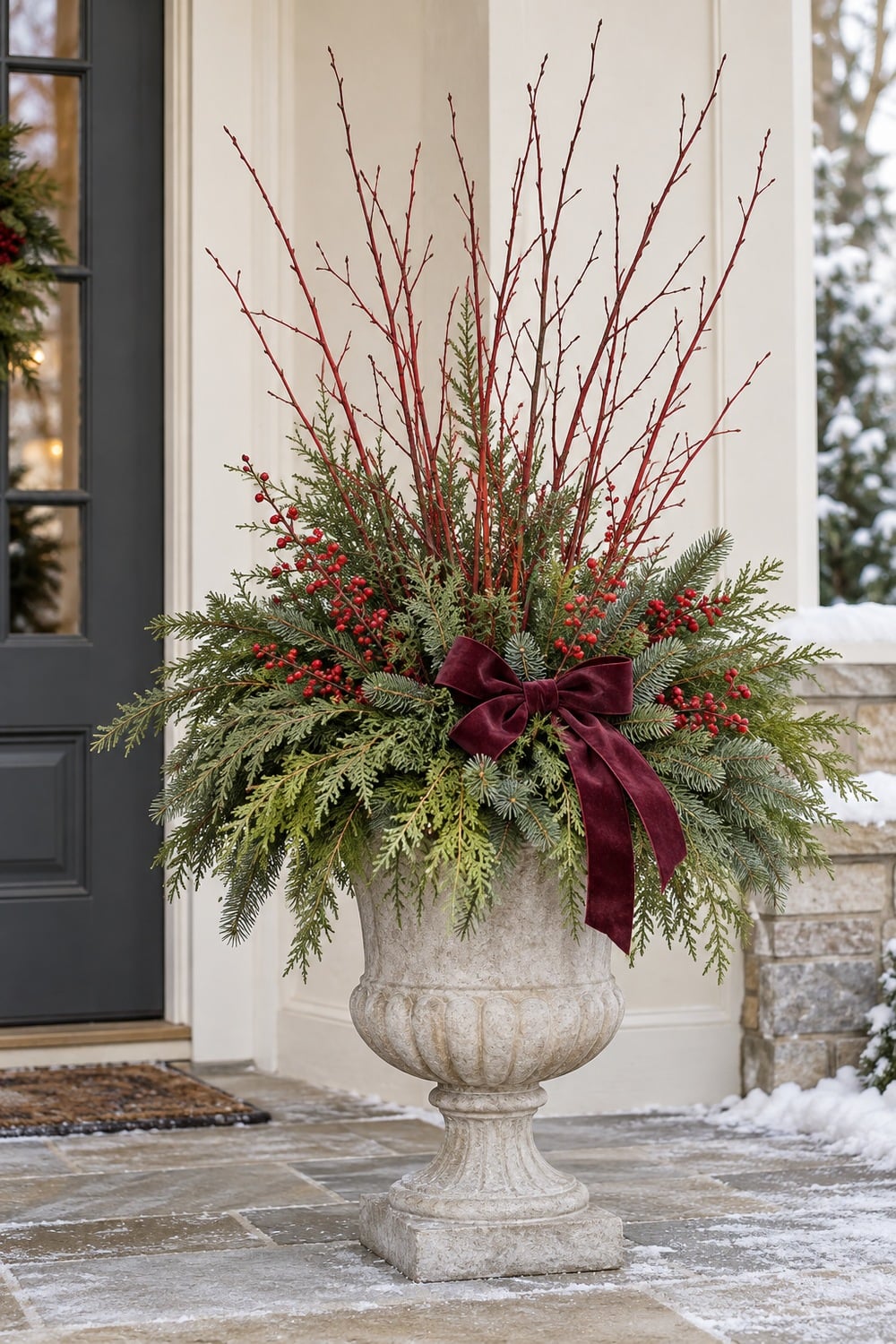 Stone-look urn filled with red twigs, evergreen branches, berries and a burgundy bow.