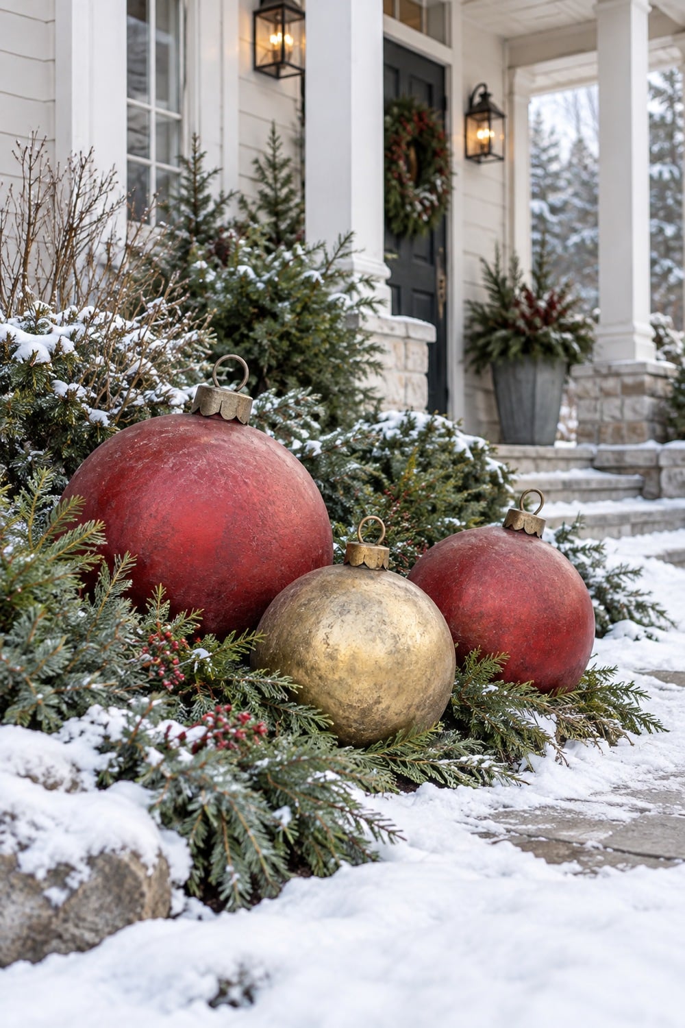 Three oversized red and antique gold Christmas ornaments nestled among snowy evergreens.