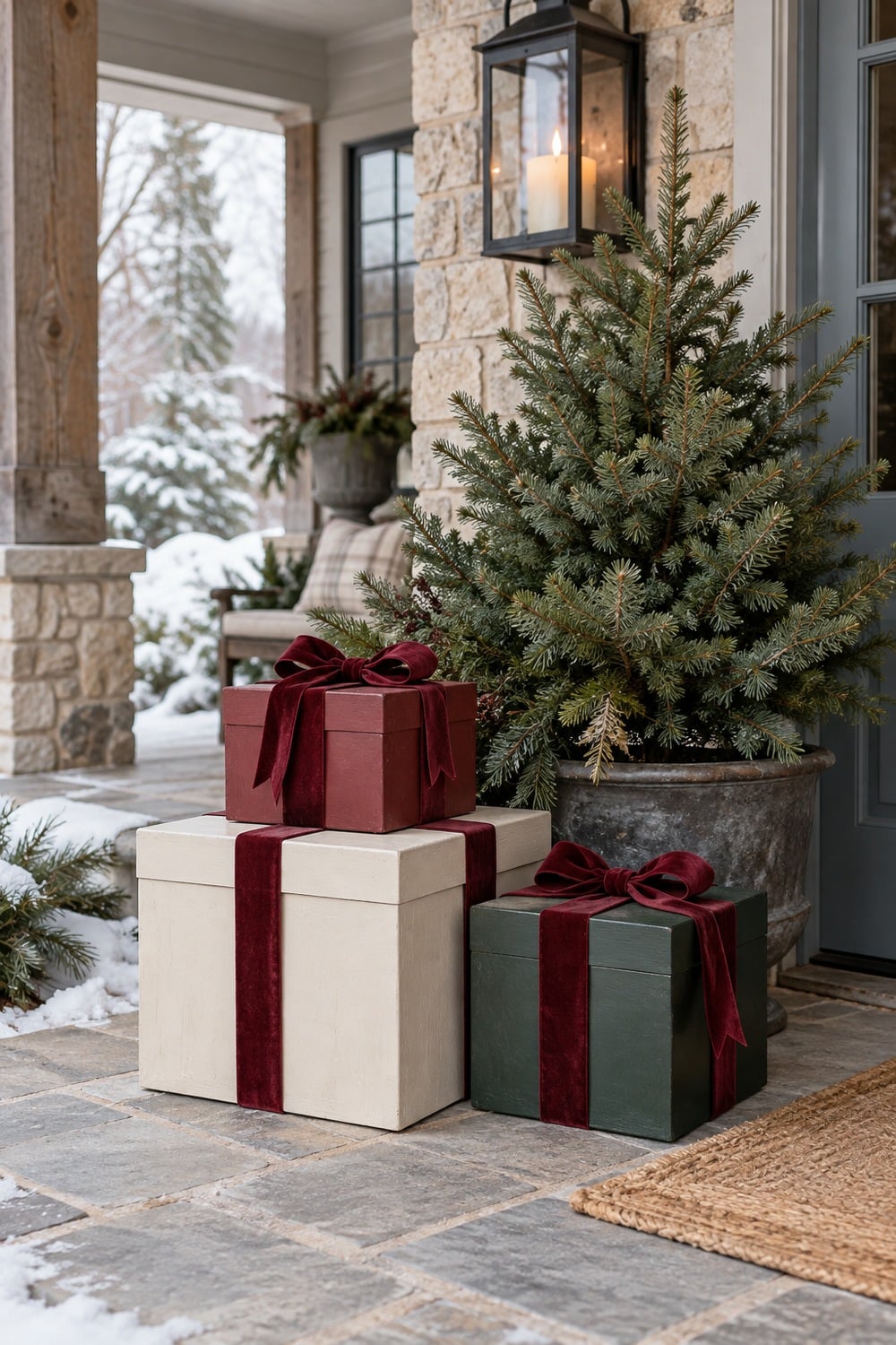 Cream, red and green outdoor gift boxes with burgundy ribbon beside a small evergreen.