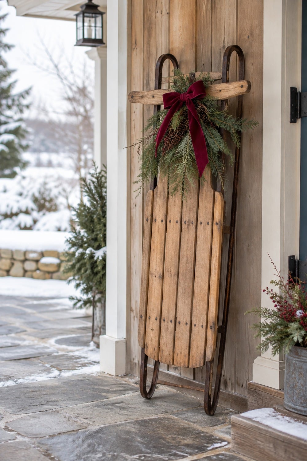Vintage wooden sled with an evergreen bundle and burgundy bow against a sheltered wood wall.