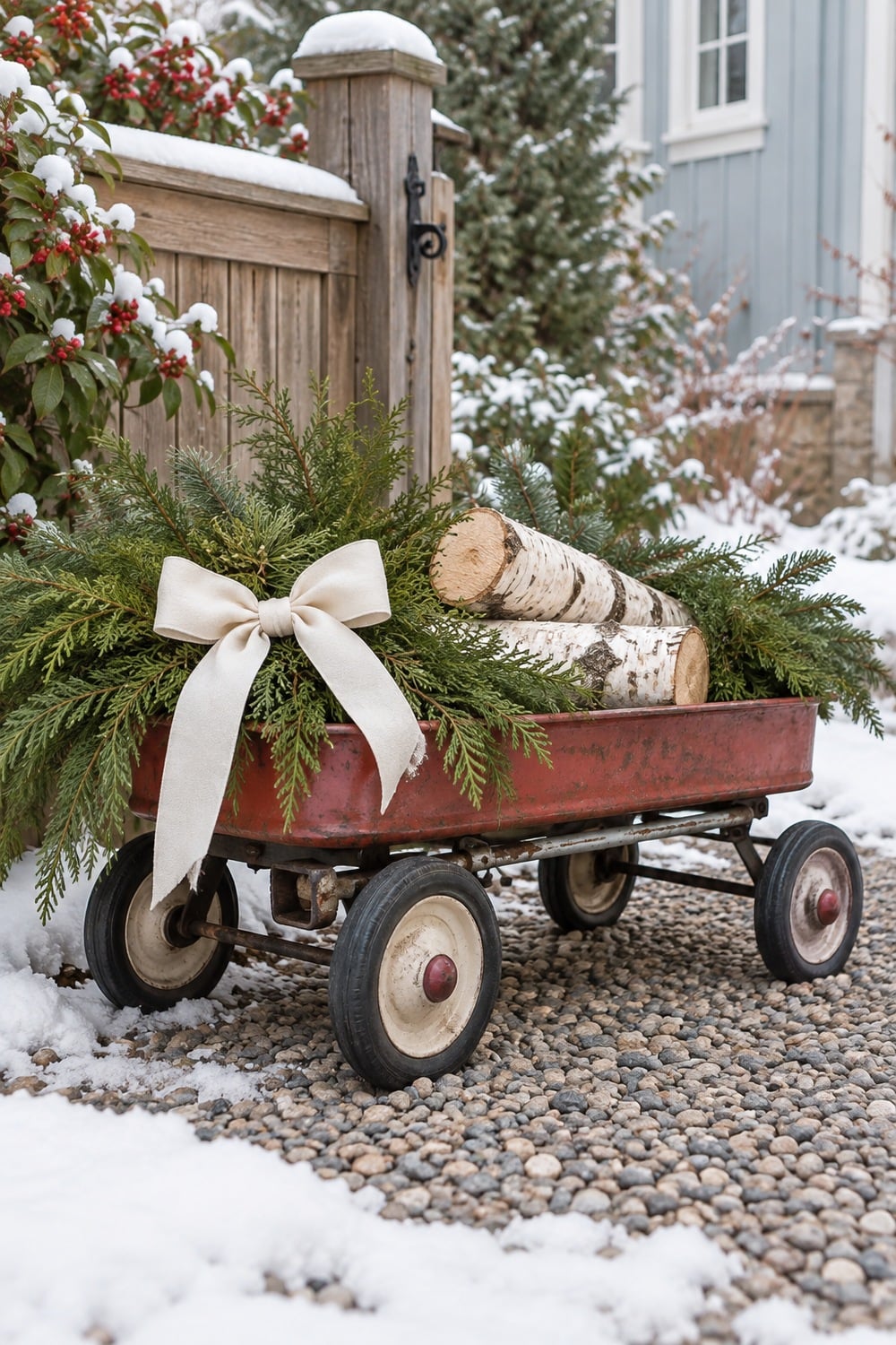 Vintage red wagon filled with evergreen branches and birch logs beside a wooden garden fence.