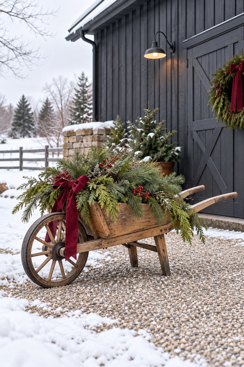 Rustic wooden wheelbarrow filled with evergreen boughs and a burgundy bow beside a dark barn.