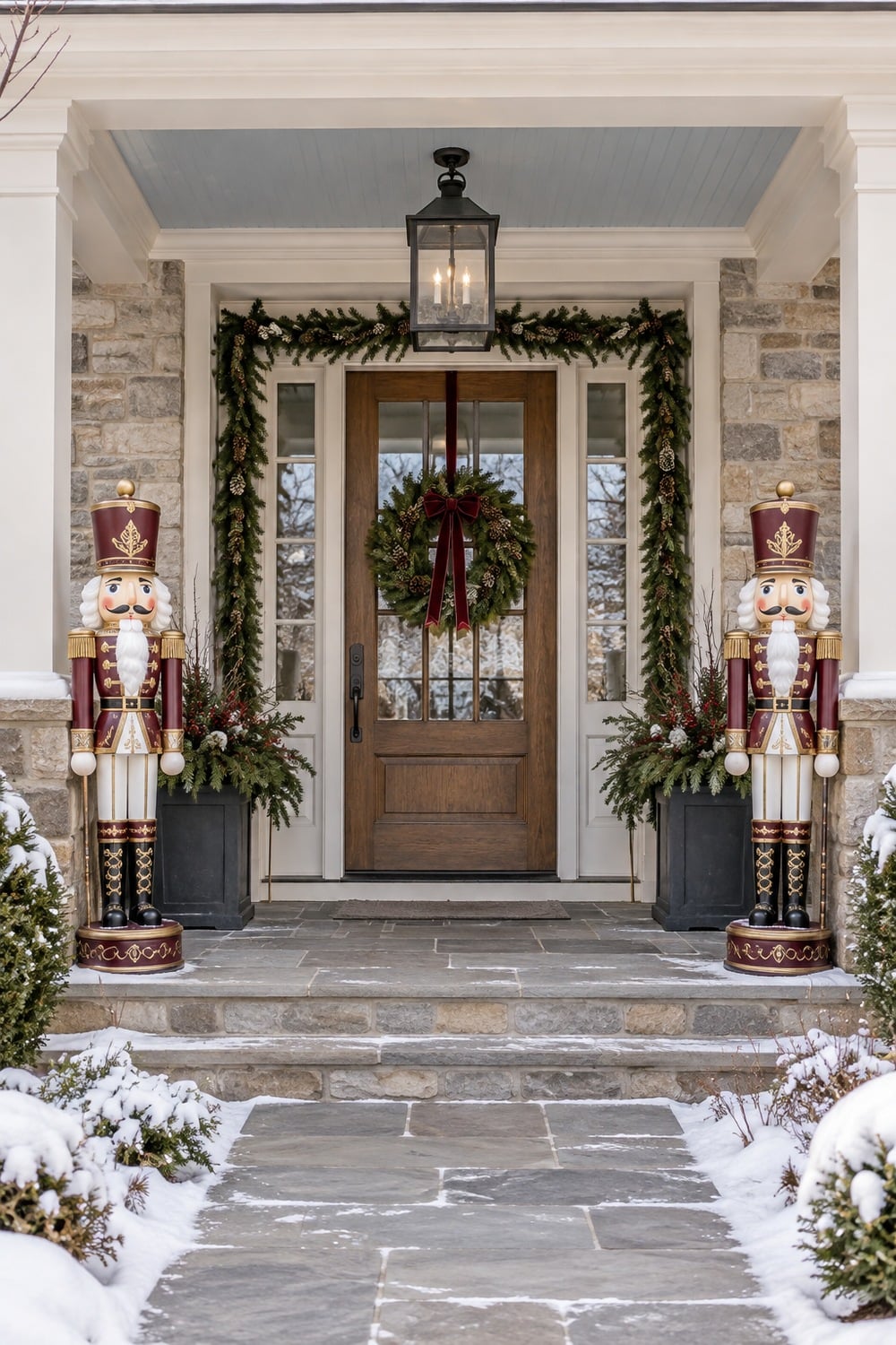 Two burgundy, cream and gold nutcracker statues framing a clear stone entrance.