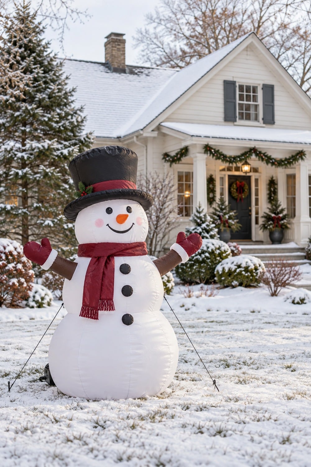 Inflatable snowman with a black hat and burgundy scarf on a snowy front lawn.