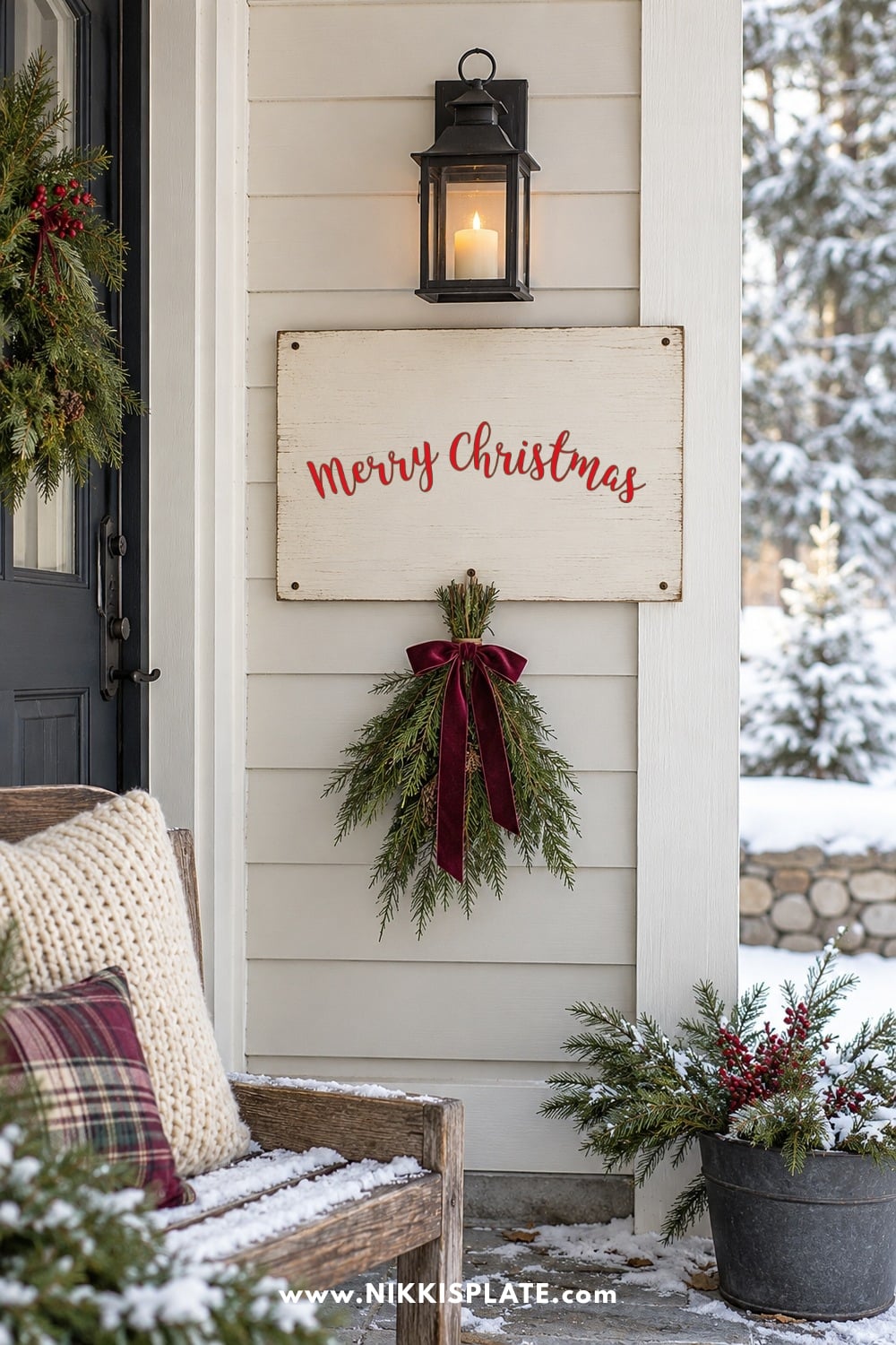 Merry Christmas wooden signboard with a cedar bundle, burgundy ribbon and black lantern.