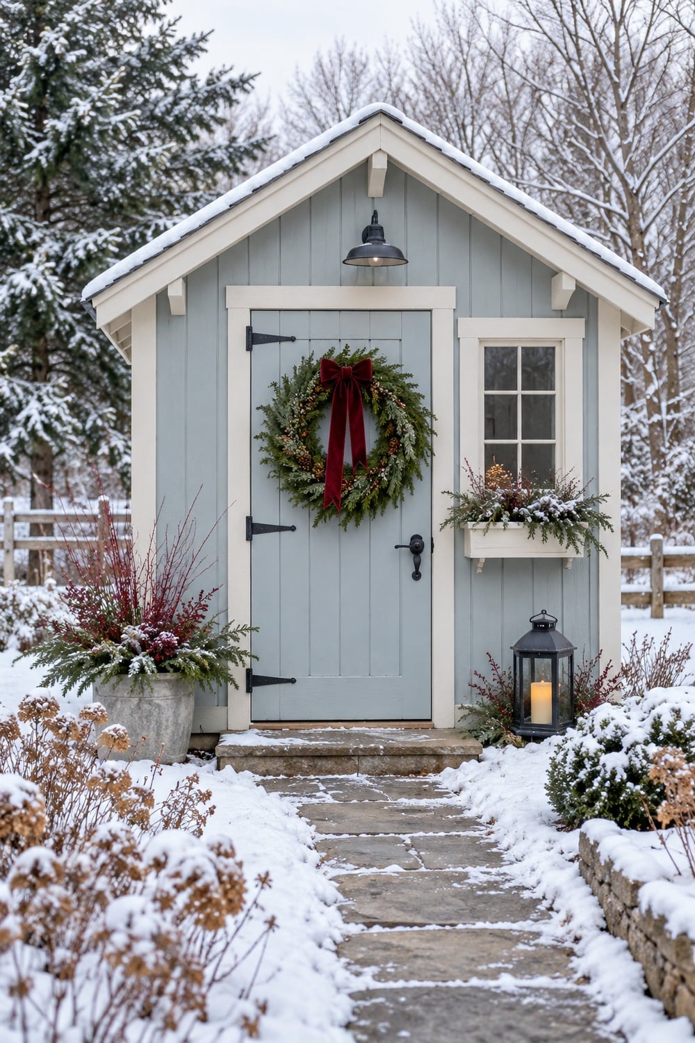 Pale blue garden shed with an evergreen wreath and a black lantern beside the door.