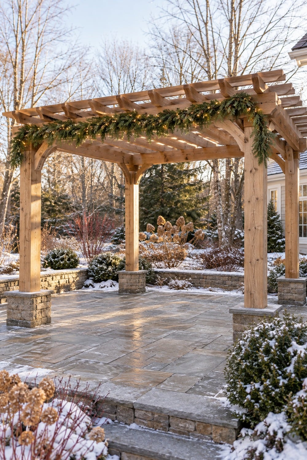 Evergreen garland and warm white lights across the front beam of a wooden pergola.