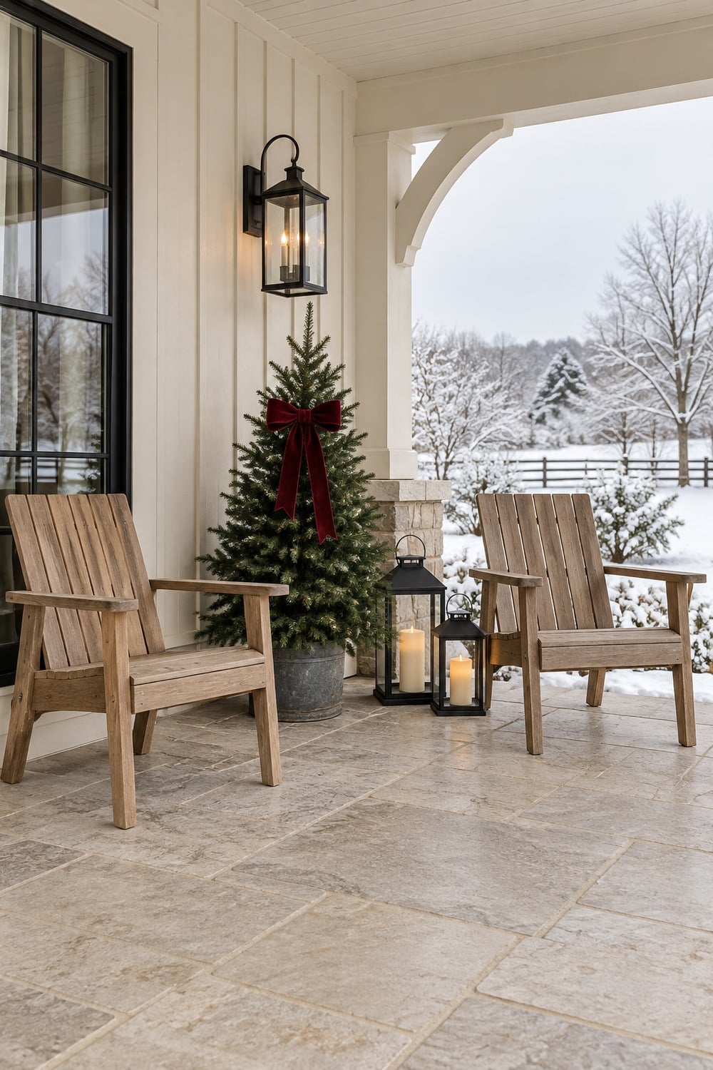 Two wooden patio chairs beside a small evergreen tree and two black flameless lanterns.