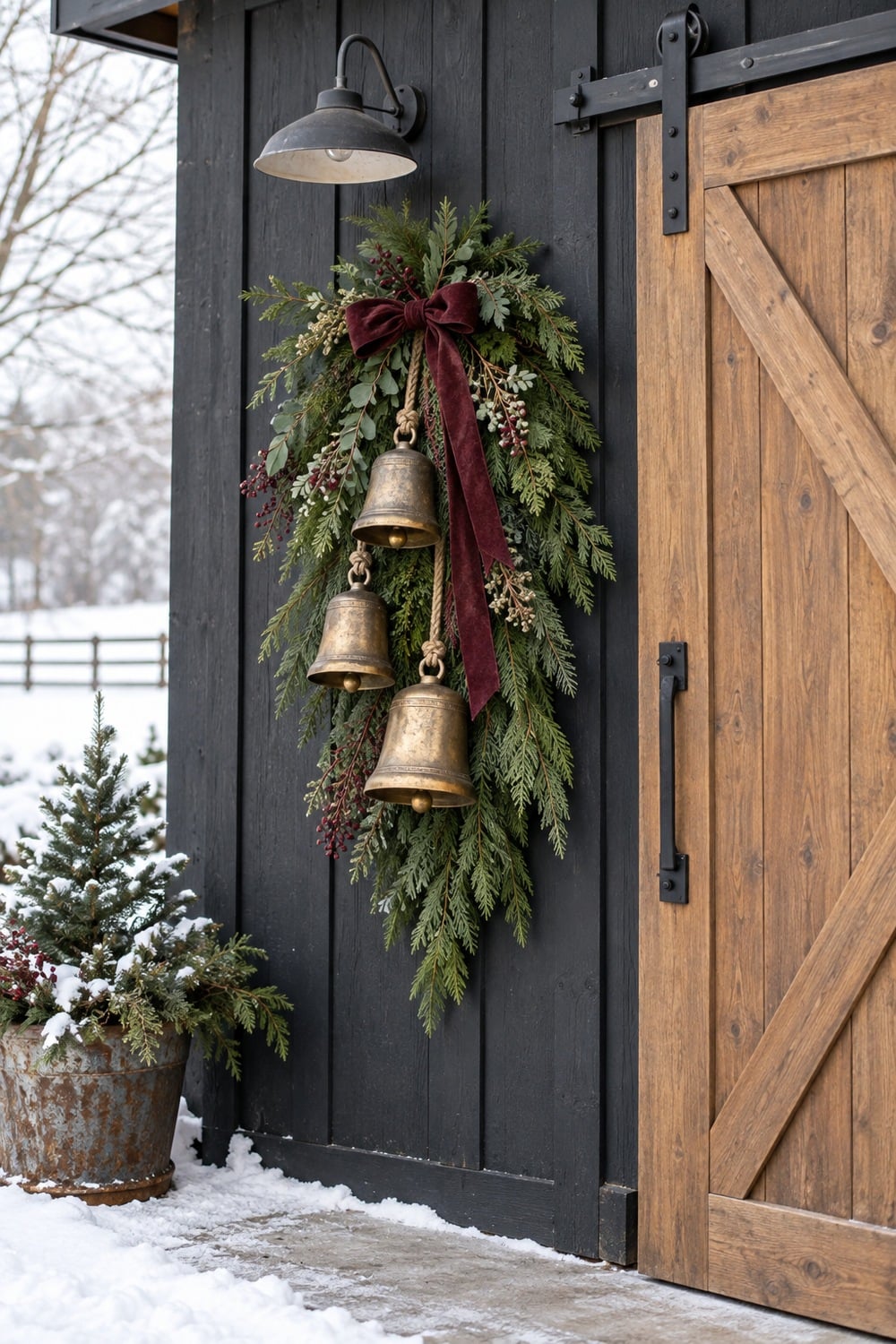 Evergreen swag with three aged-brass-look bells and burgundy ribbon beside a wooden barn door.