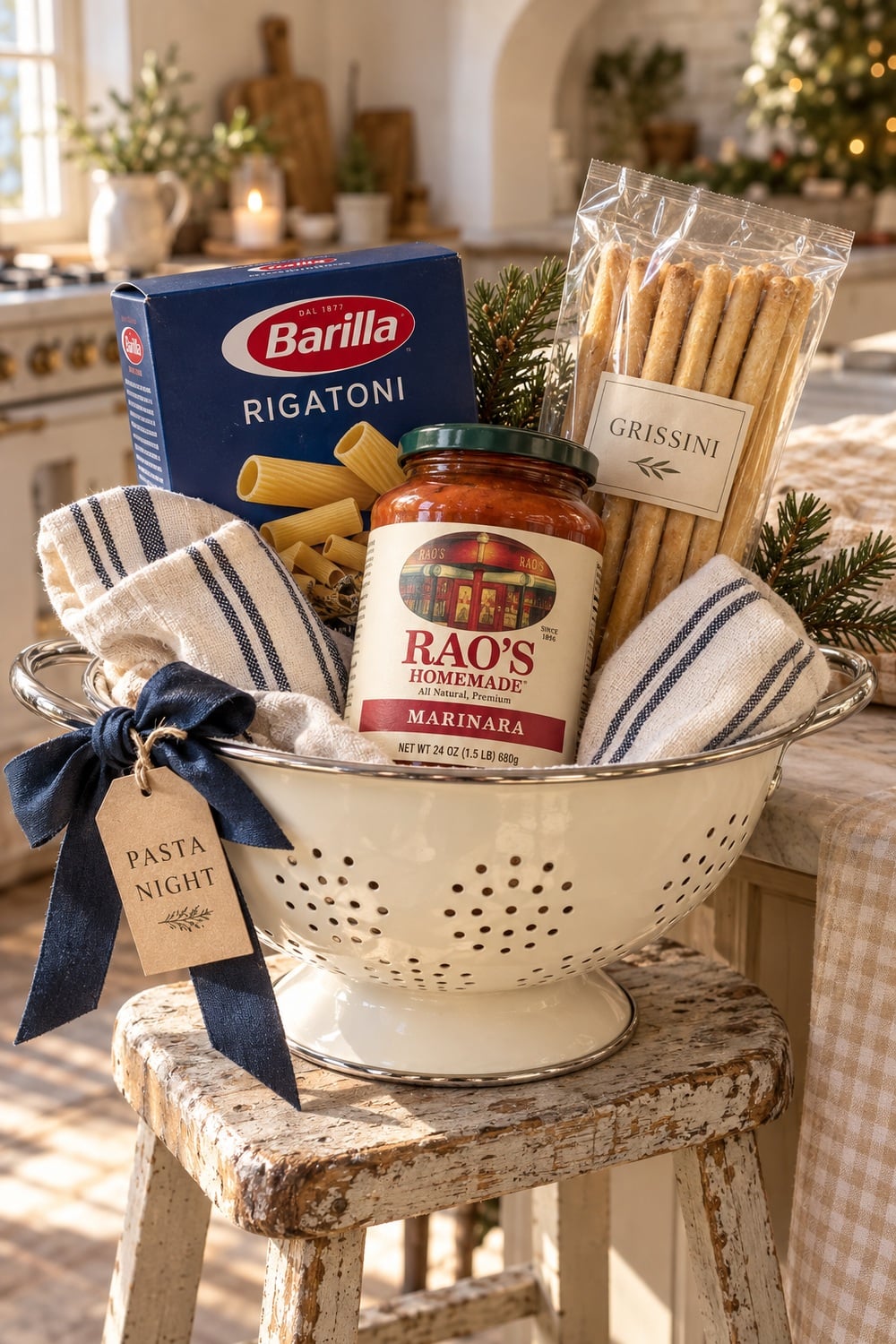 pasta-night-christmas-food-gift-basket.jpg Pasta gift basket in a cream colander with Barilla rigatoni, Rao's marinara, breadsticks, and striped napkins.