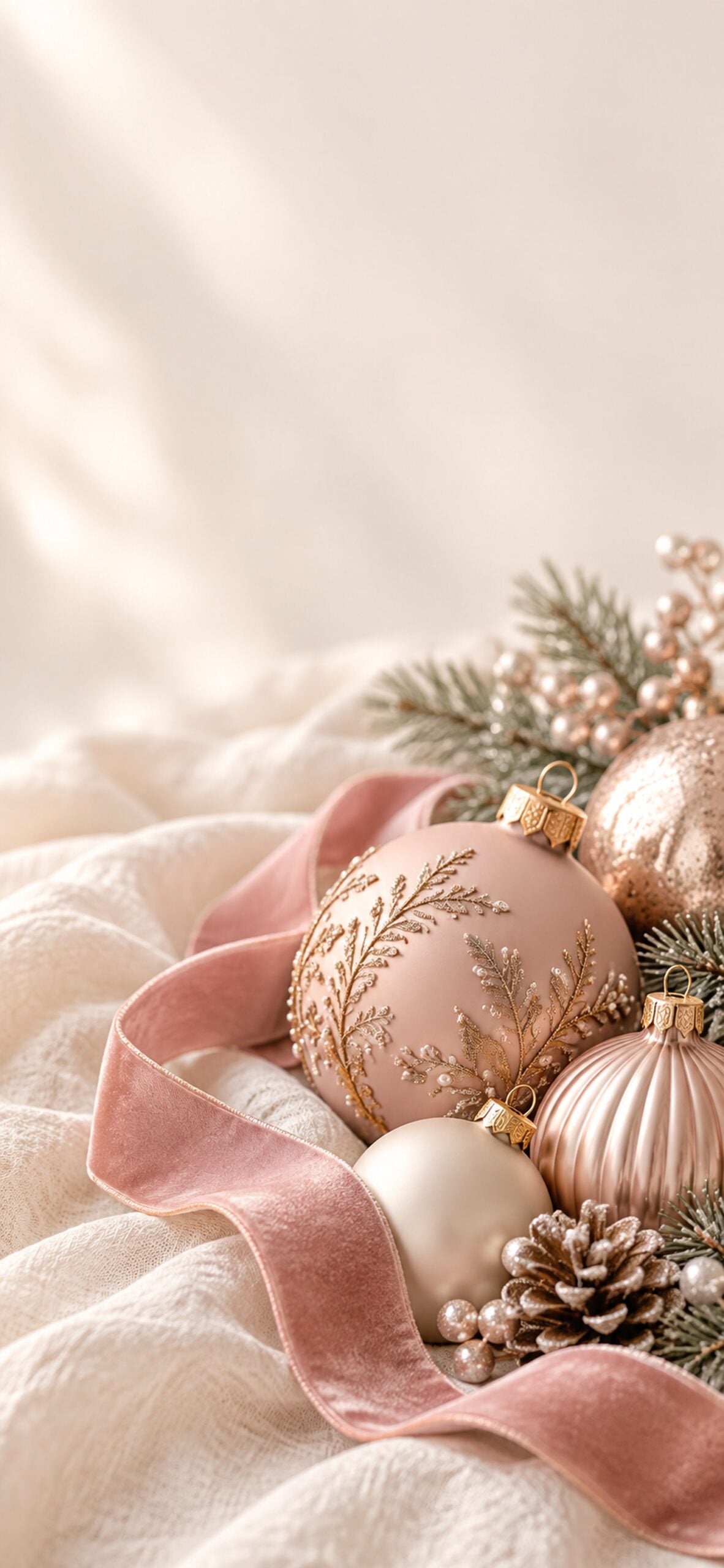 Pale pink, cream and taupe Christmas ornaments arranged on soft ivory linen.