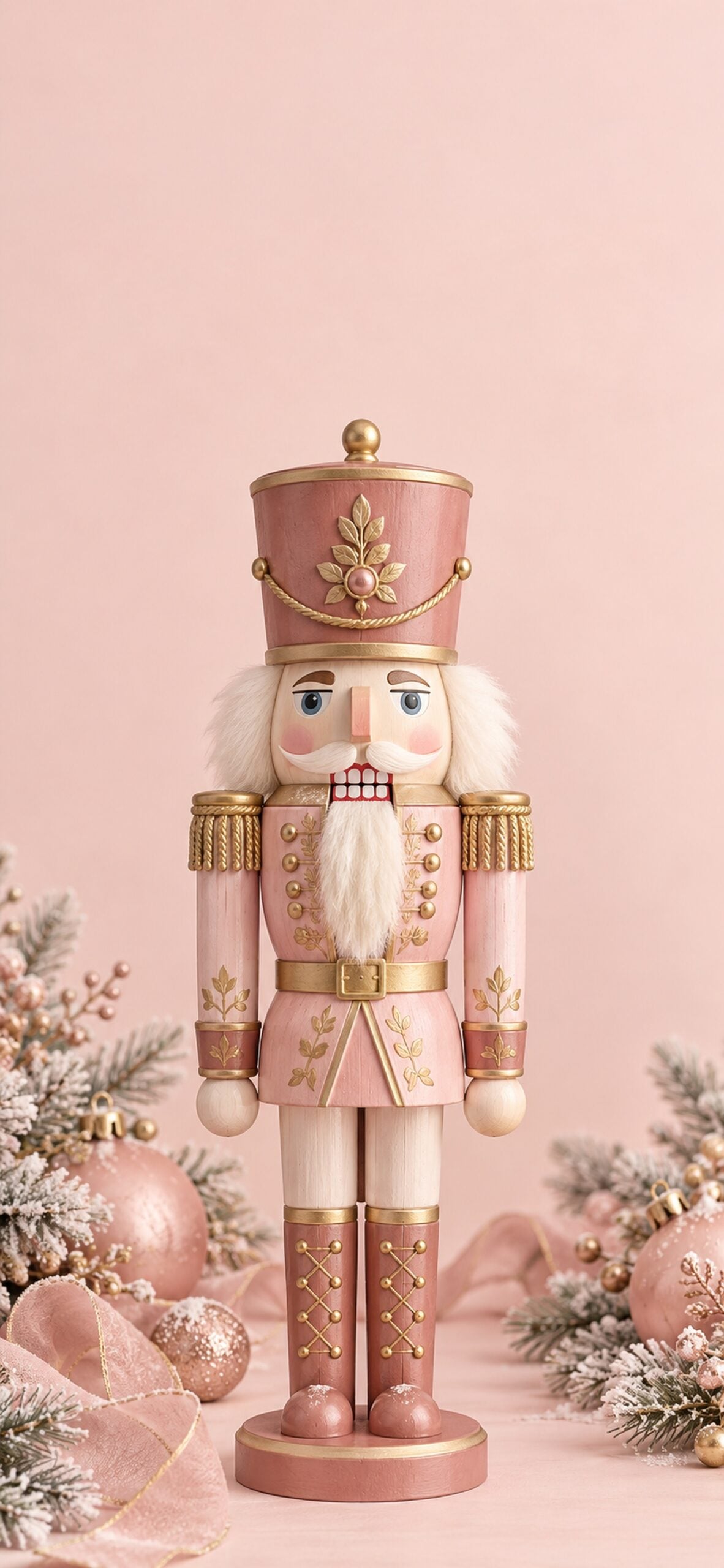 Painted wooden nutcracker wearing a blush pink uniform with gold trim against a pale pink background.