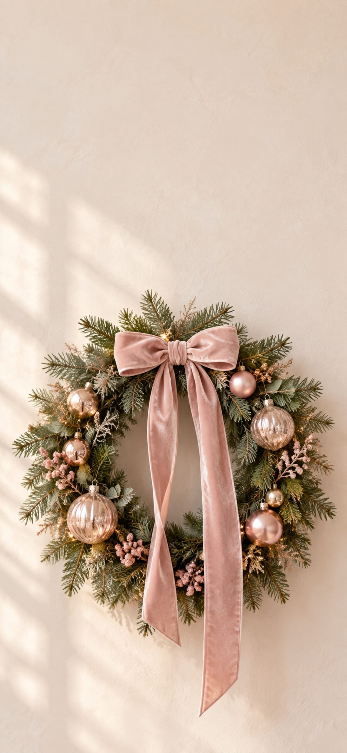 Evergreen wreath decorated with blush ornaments and a long pink ribbon on a cream wall.