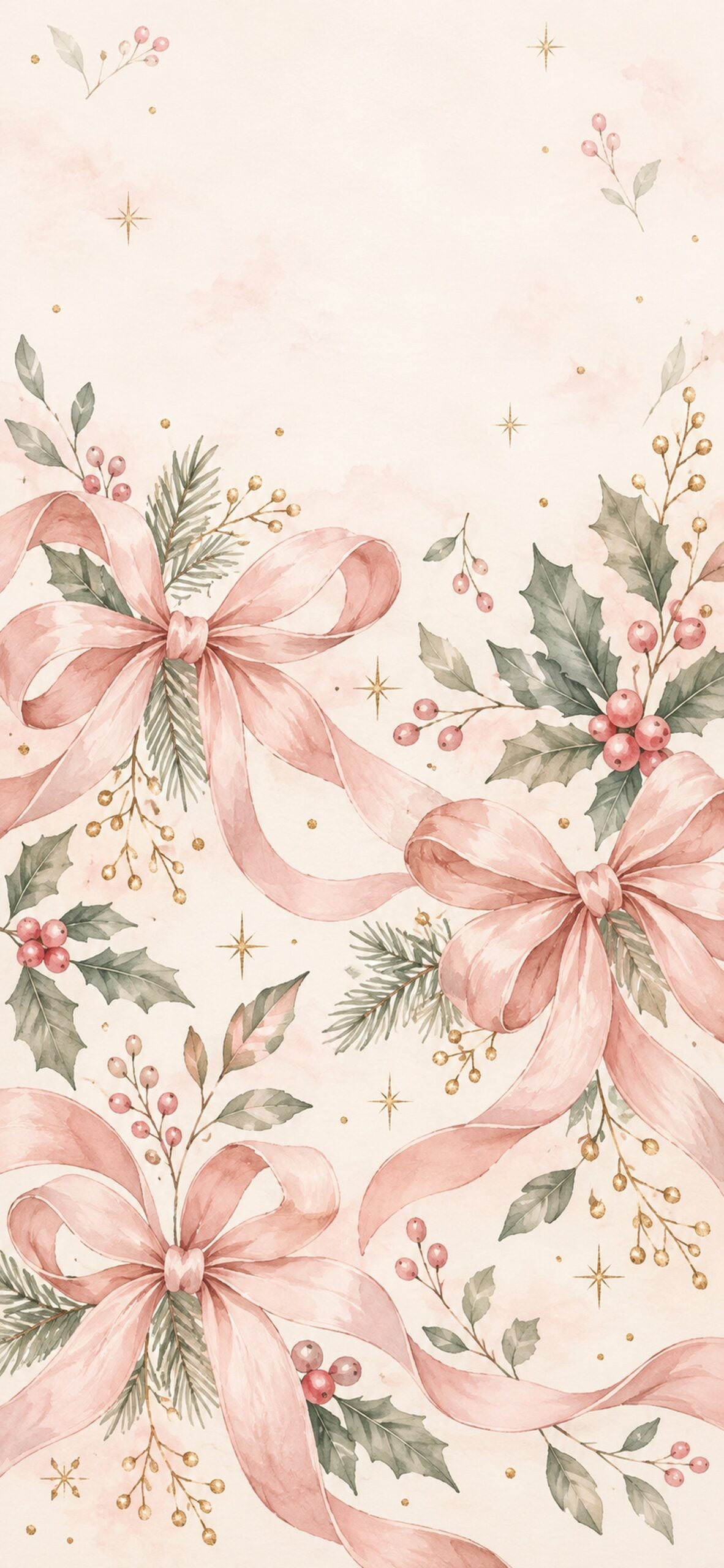 Blush pink bows mixed with holly leaves and small berry clusters on an ivory background.