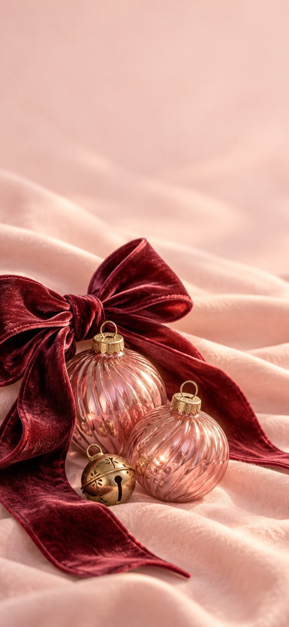 Burgundy velvet bow beside dusty rose Christmas ornaments with small gold accents.