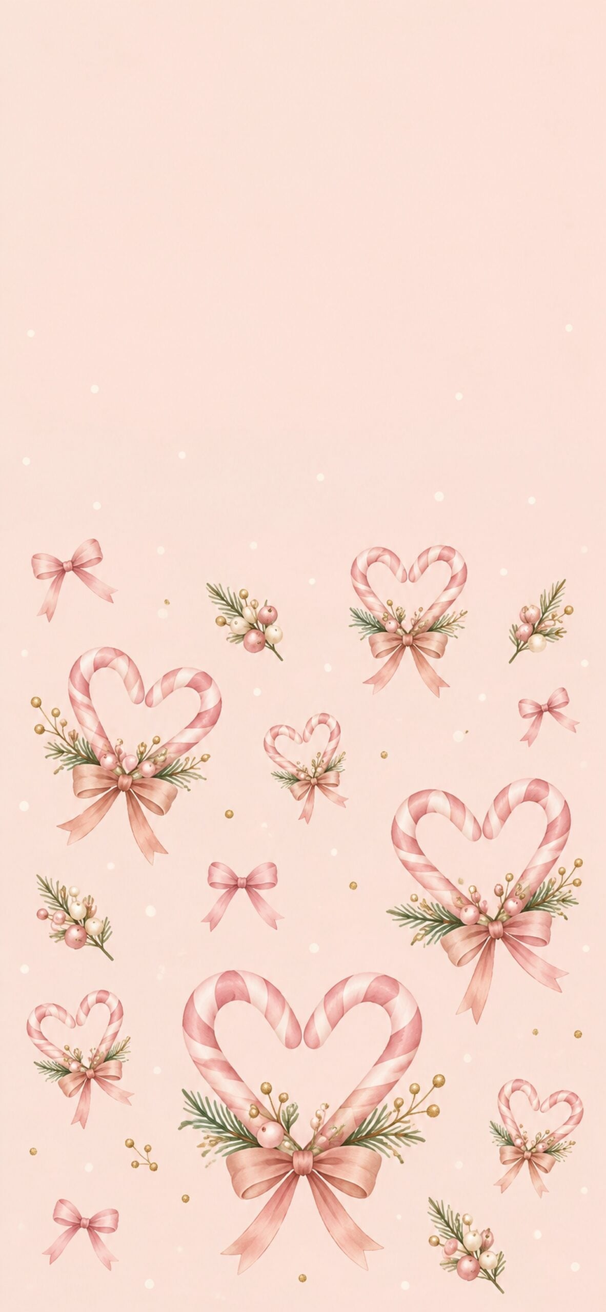 Pink-and-white candy canes arranged in heart shapes on a pale blush background.
