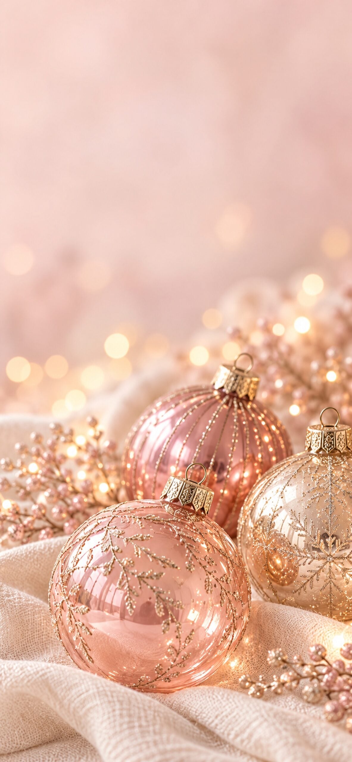 Blush pink and champagne glass Christmas ornaments with soft golden lights in the background.