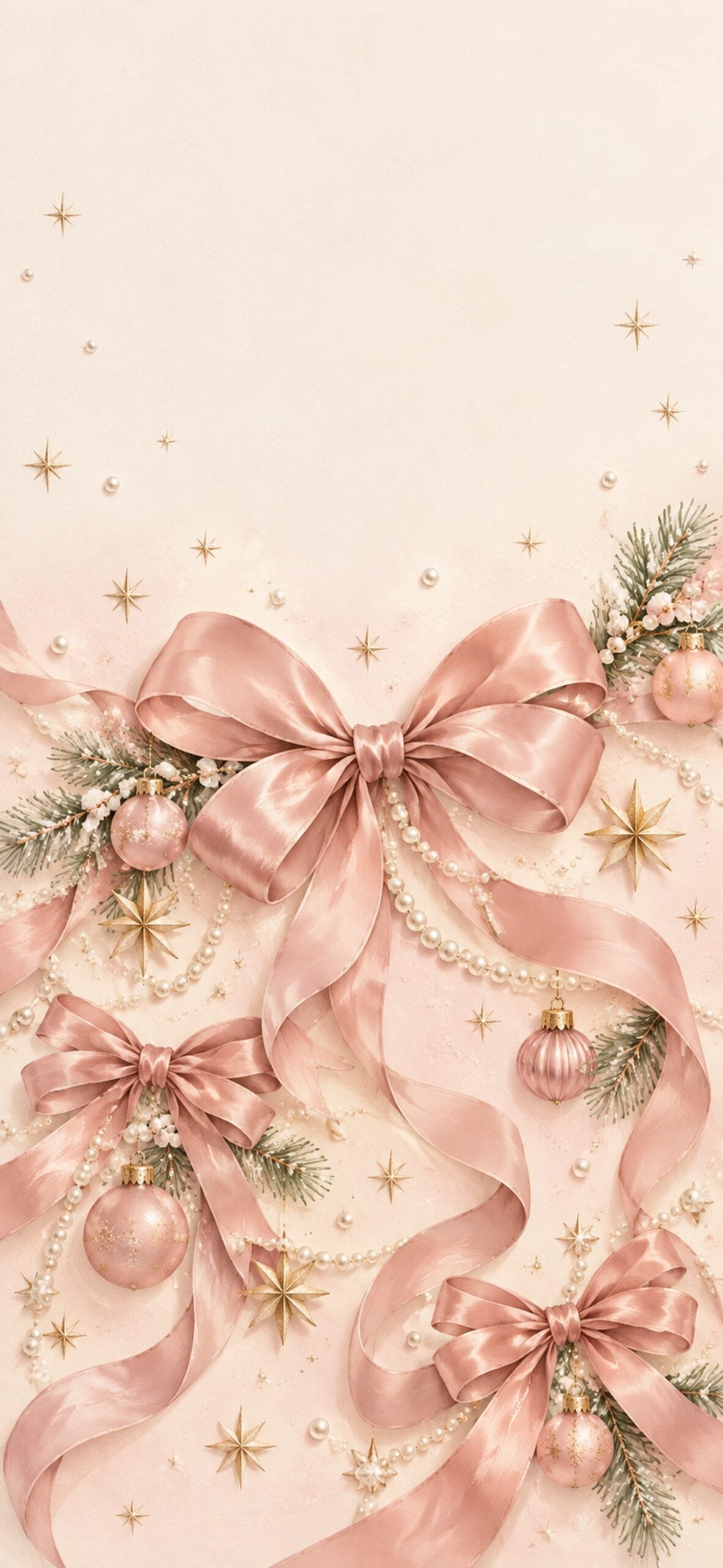 Dusty pink satin bows with tiny gold stars and pearl-like dots on an ivory background.