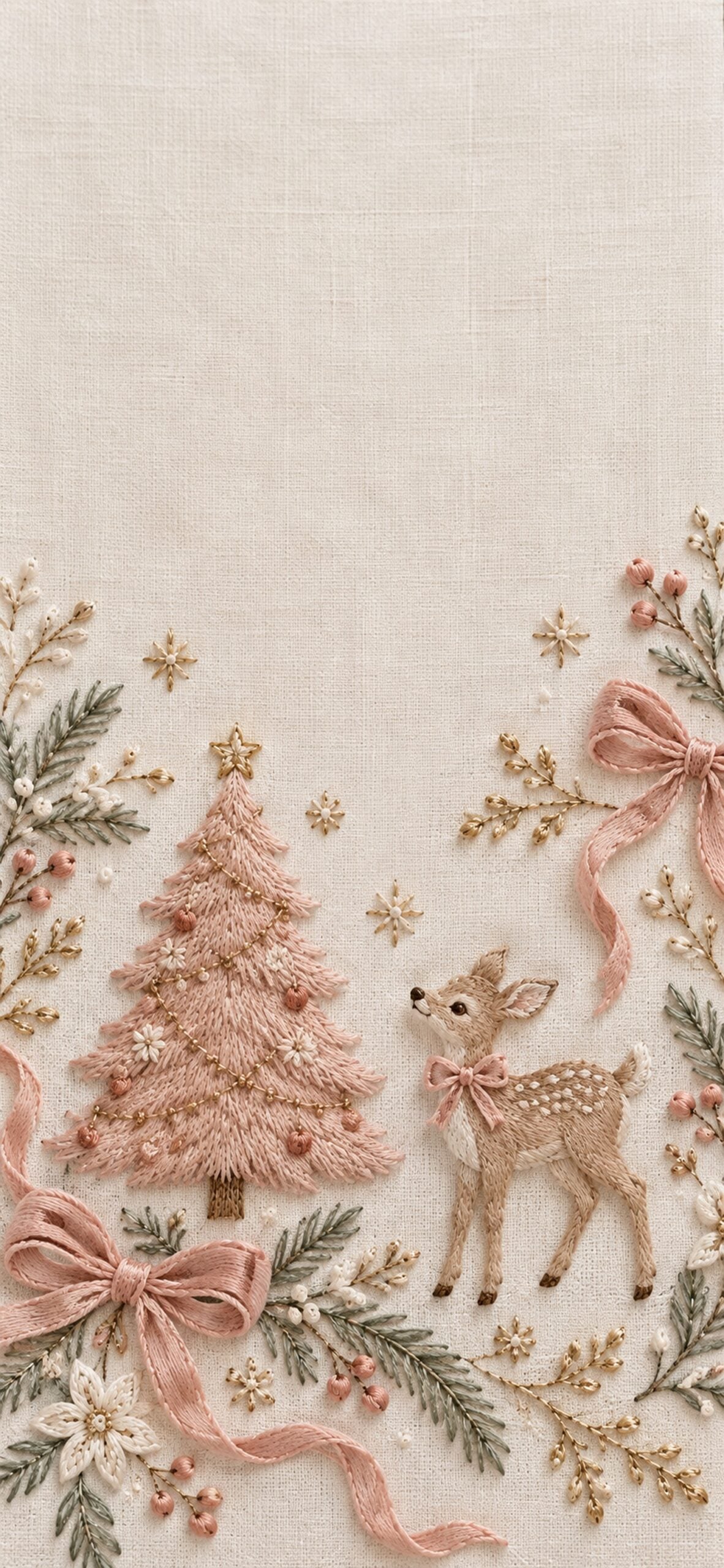 Embroidery-style pink bows, a Christmas tree and a deer on cream linen.