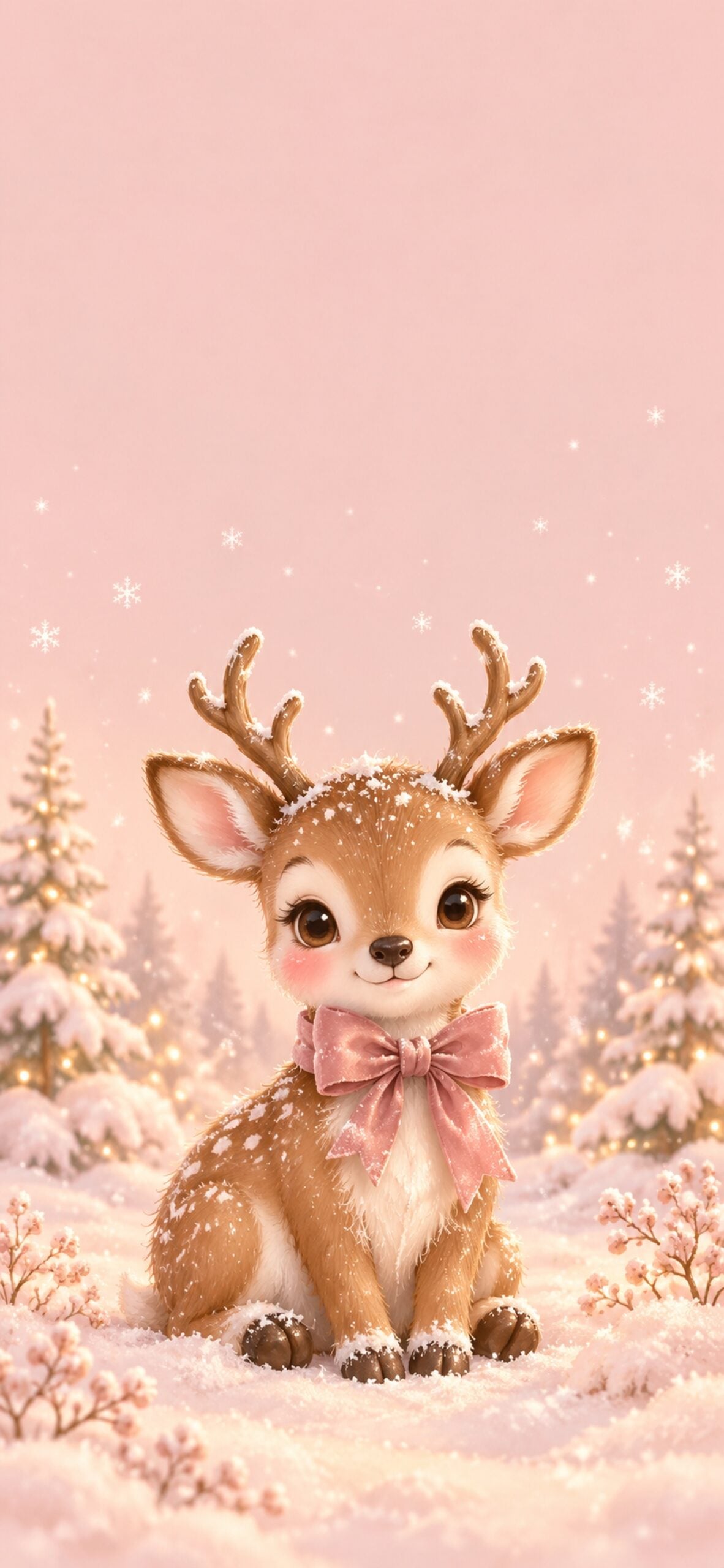 Illustrated reindeer with rosy cheeks and a pink bow surrounded by small white snowflakes.