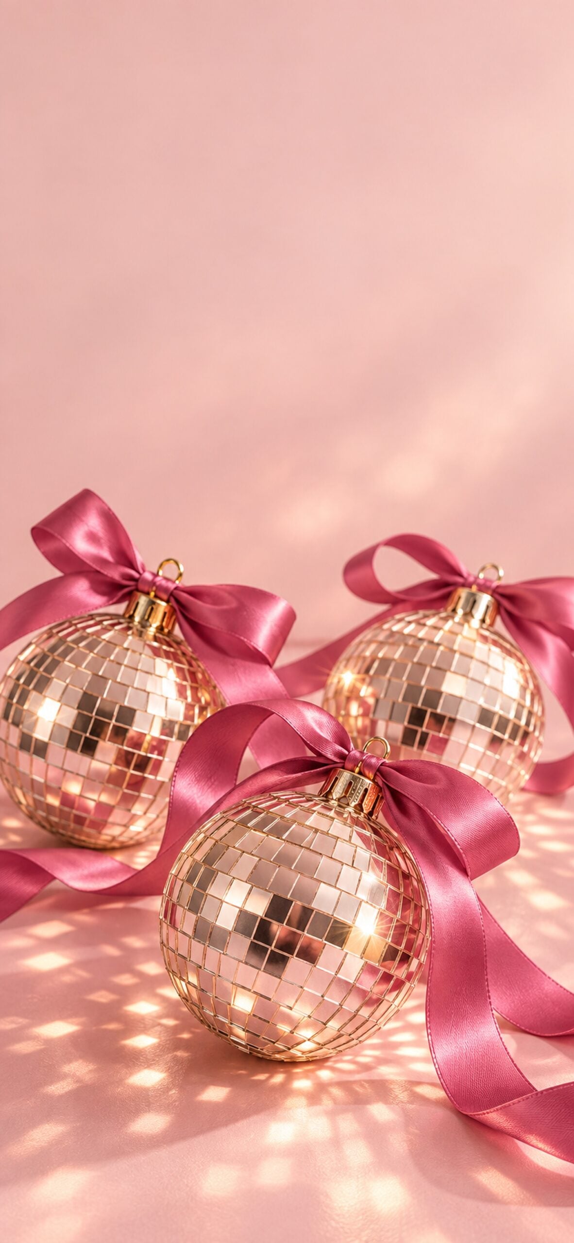 Small mirrored disco ball ornaments with magenta ribbons against a pink background.
