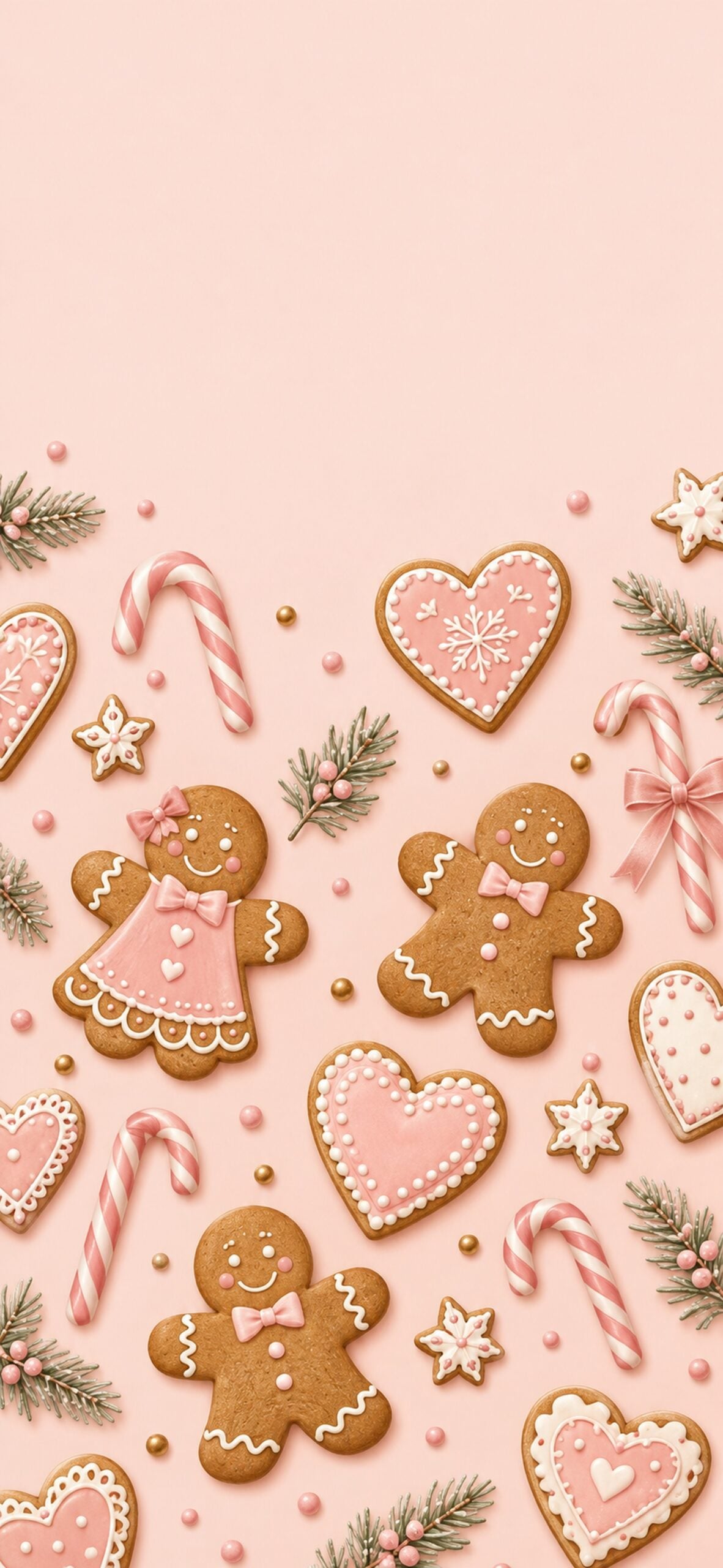 Gingerbread people, pink icing hearts and small candy canes on a blush background.