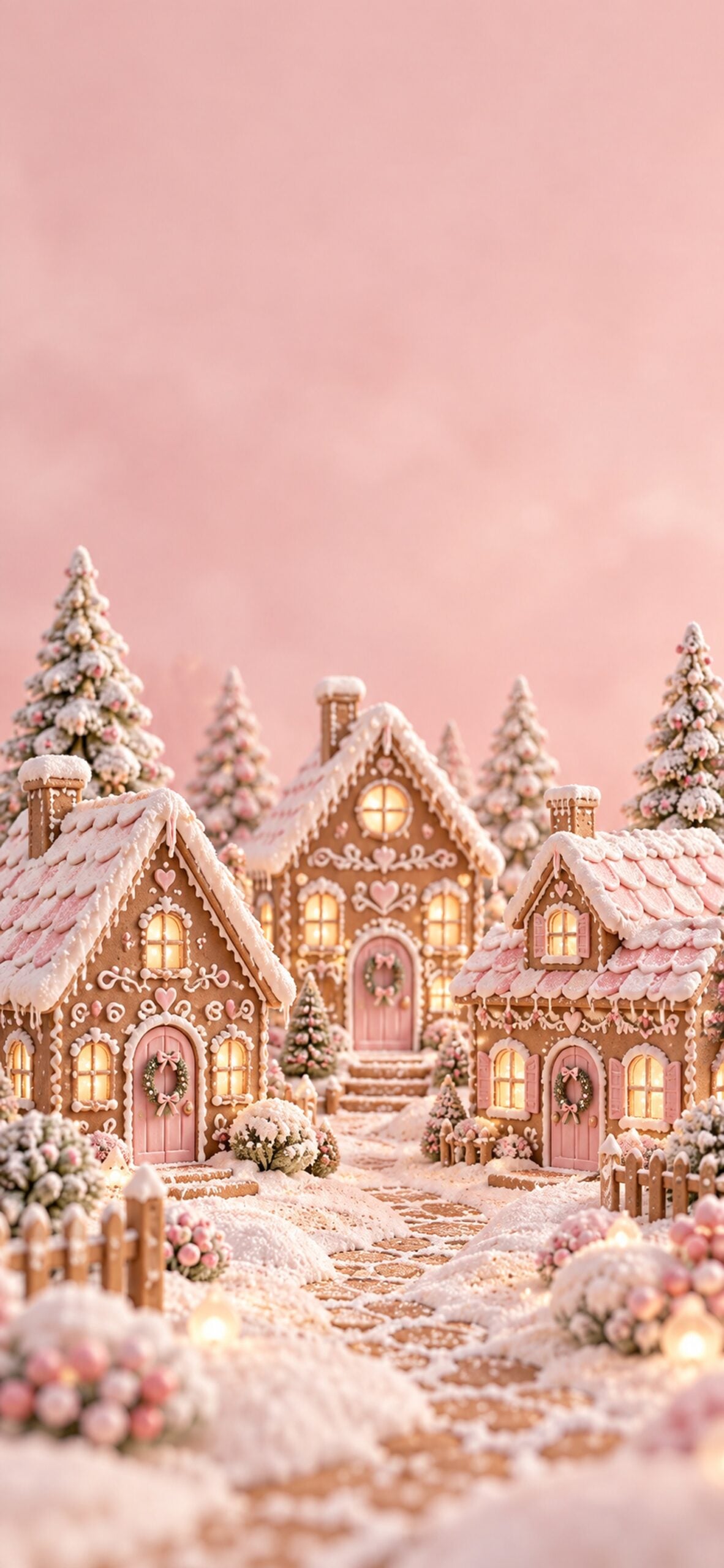 Small gingerbread cottages decorated with pink icing and candy beneath a pale blush sky.