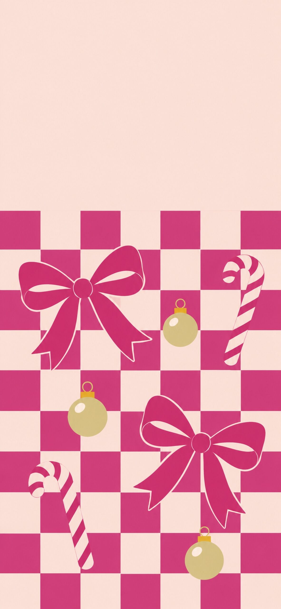 Magenta-and-blush checkerboard with bold pink bows, small ornaments and candy canes.