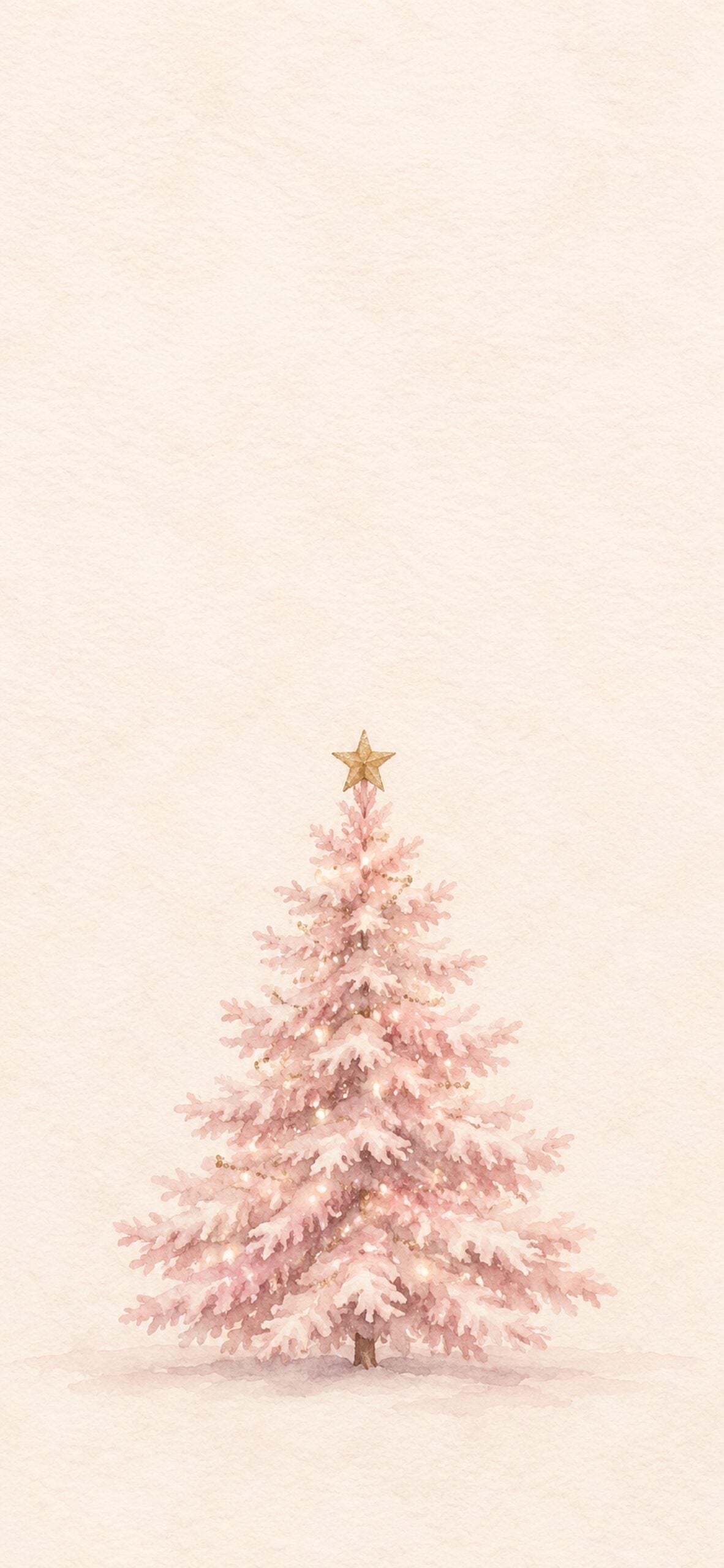 Small pale pink Christmas tree on an otherwise empty warm ivory background.