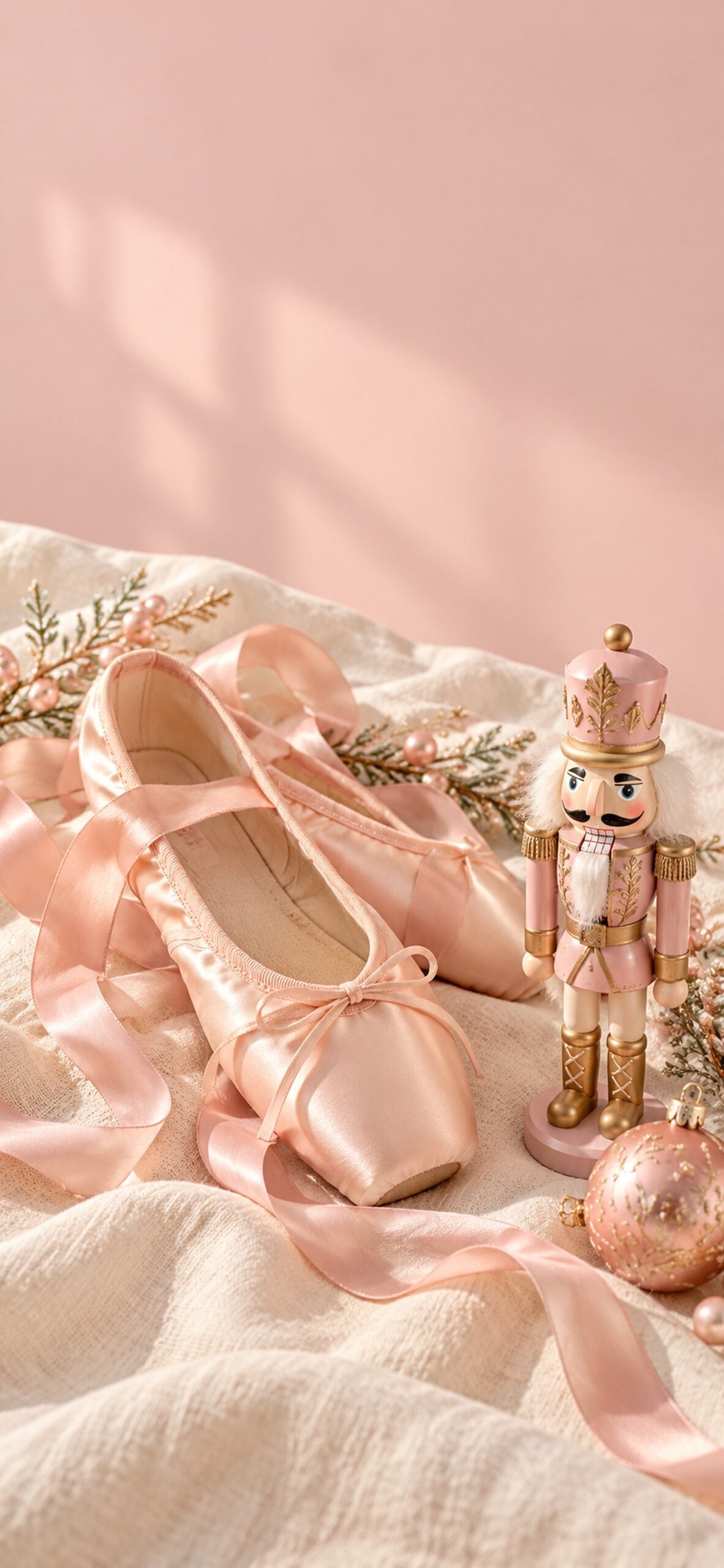 Pink ballet slippers and satin ribbons arranged beside a small blush nutcracker.