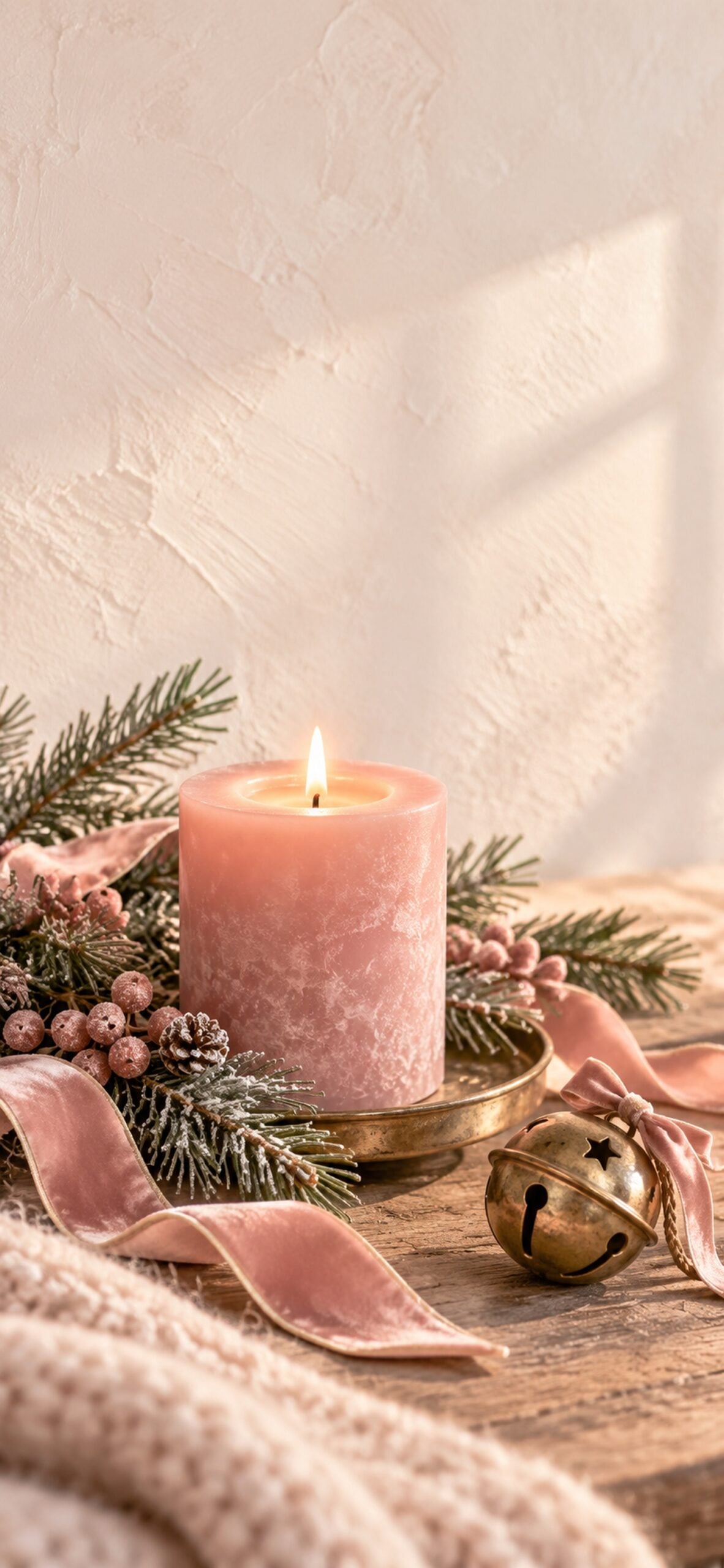 Rose-coloured candle beside evergreen sprigs, a pink ribbon and an antique brass bell.