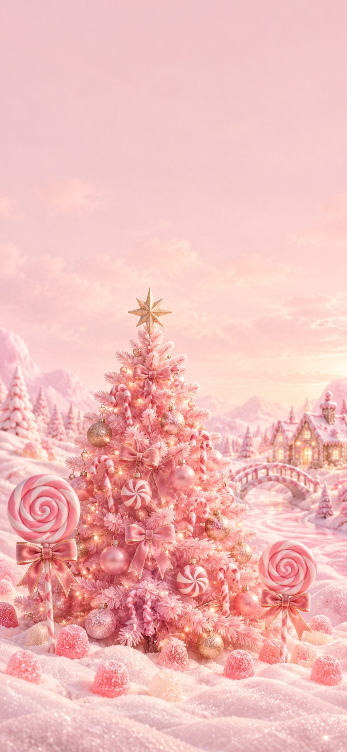 Pink Christmas tree surrounded by peppermint sweets, lollipops and pastel gumdrops.