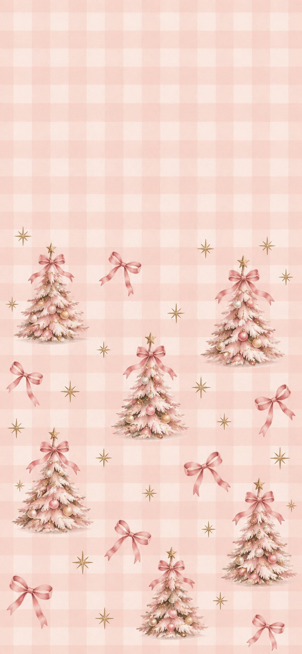 Pale pink gingham background with small Christmas trees and ribbon bows.