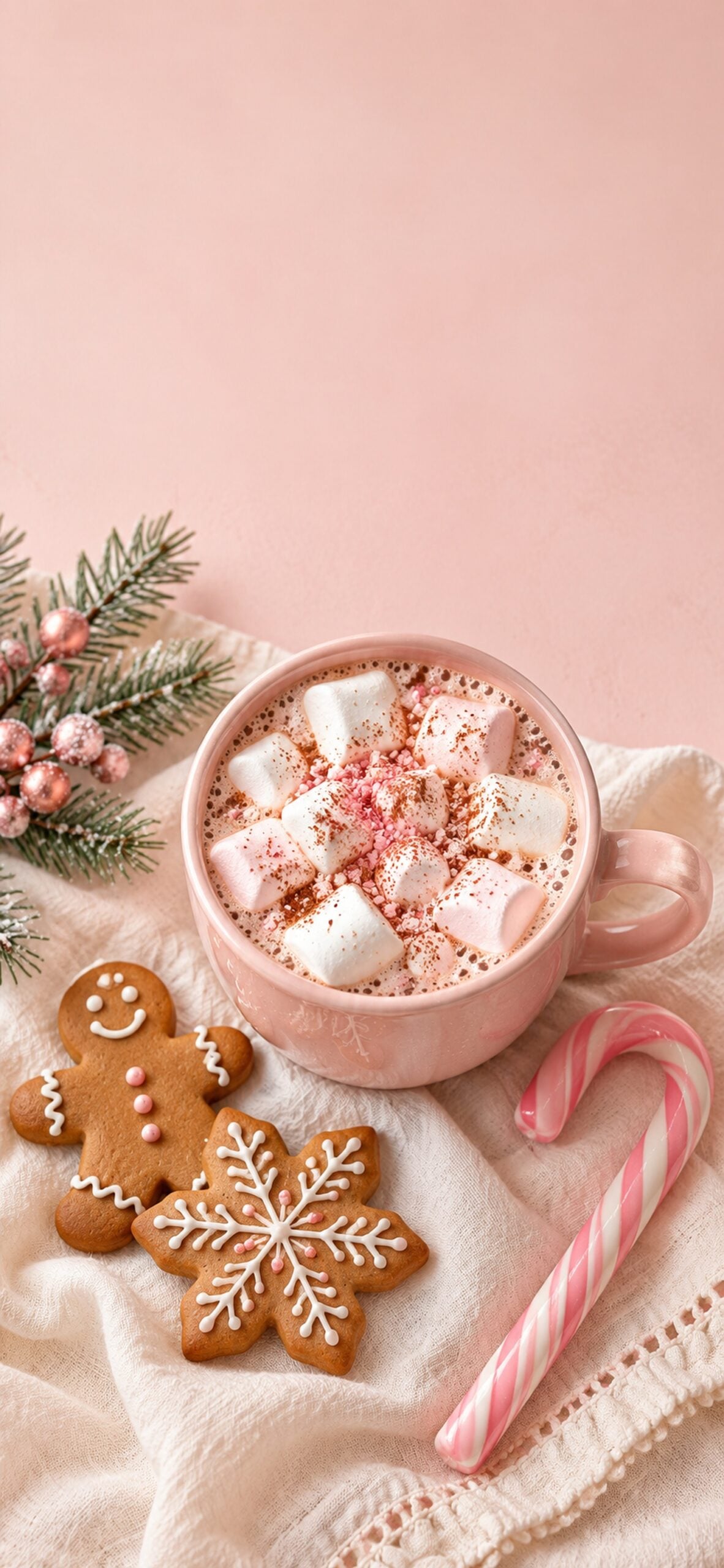 Pink mug of hot cocoa with marshmallows beside gingerbread cookies and a pink candy cane.