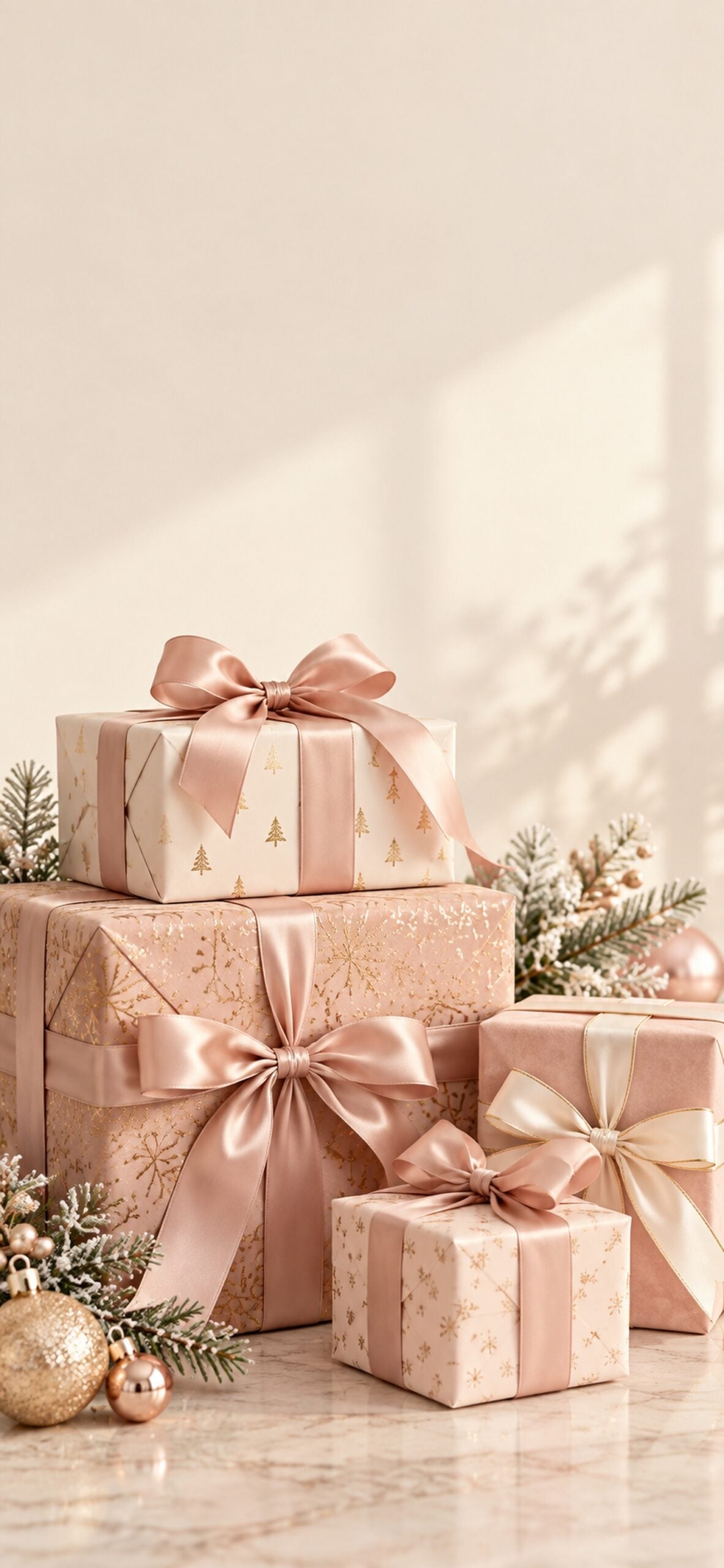 Stacked Christmas presents wrapped in blush and rose paper with cream and pink ribbon bows.