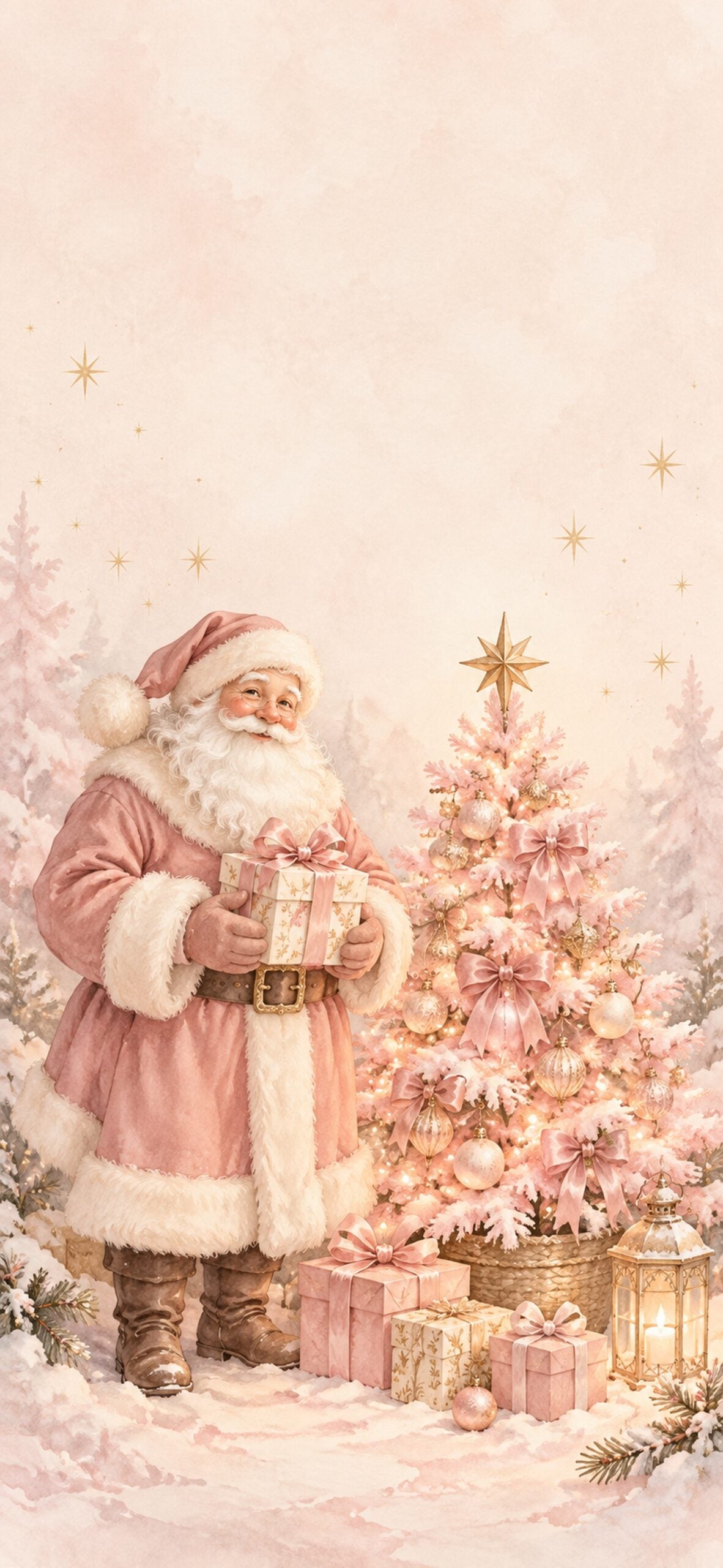 Illustrated Santa in a dusty rose suit standing beside a small pink Christmas tree.