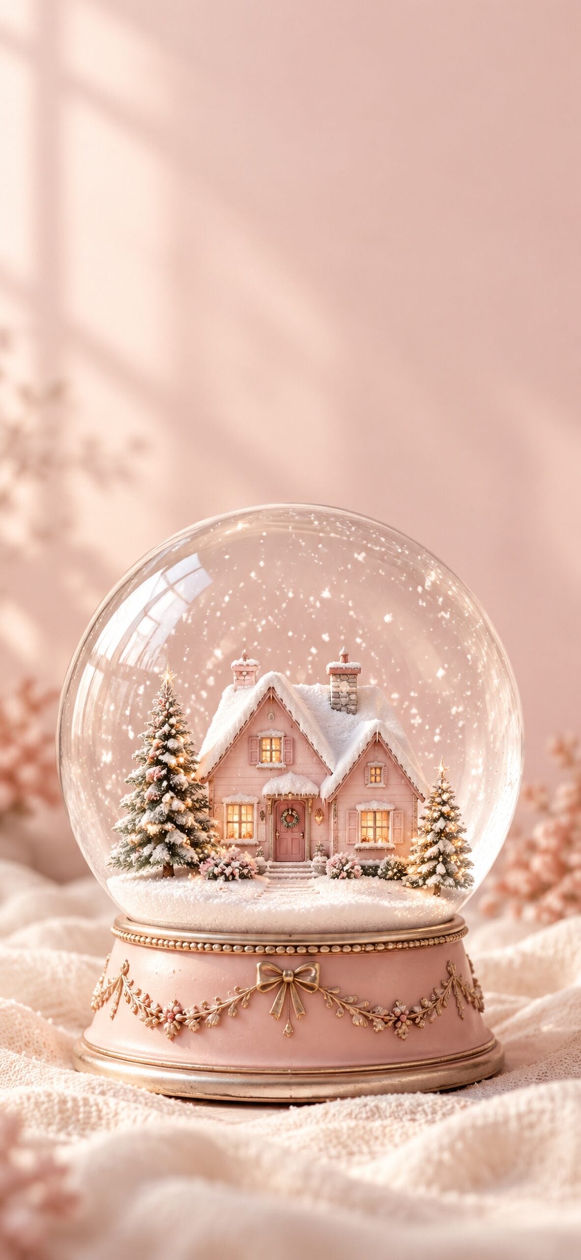 Glass snow globe containing a snowy pink village on a blush pedestal.