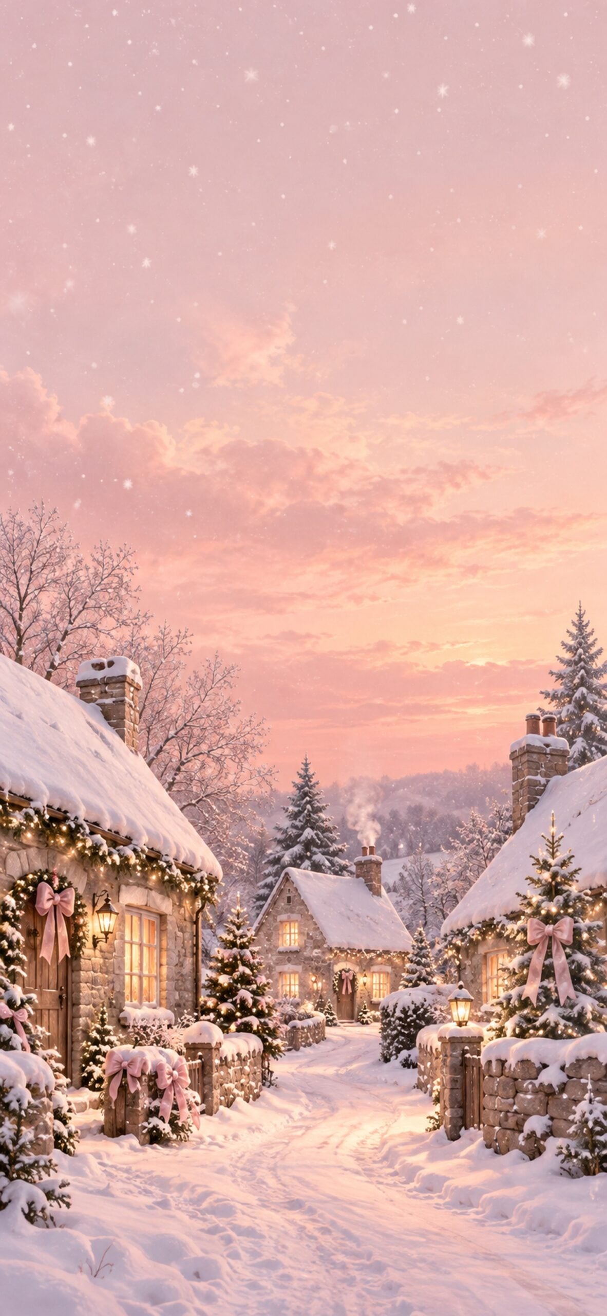 Snow-covered cottages with glowing windows and small Christmas trees beneath a blush winter sky.